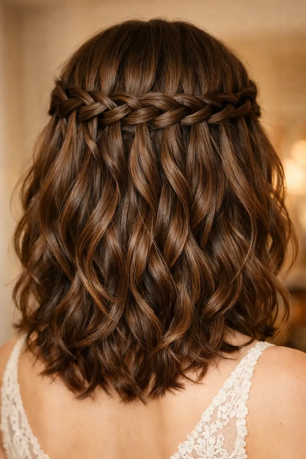 Waterfall crown braid hairstyle with defined waves on medium hair for romantic party look