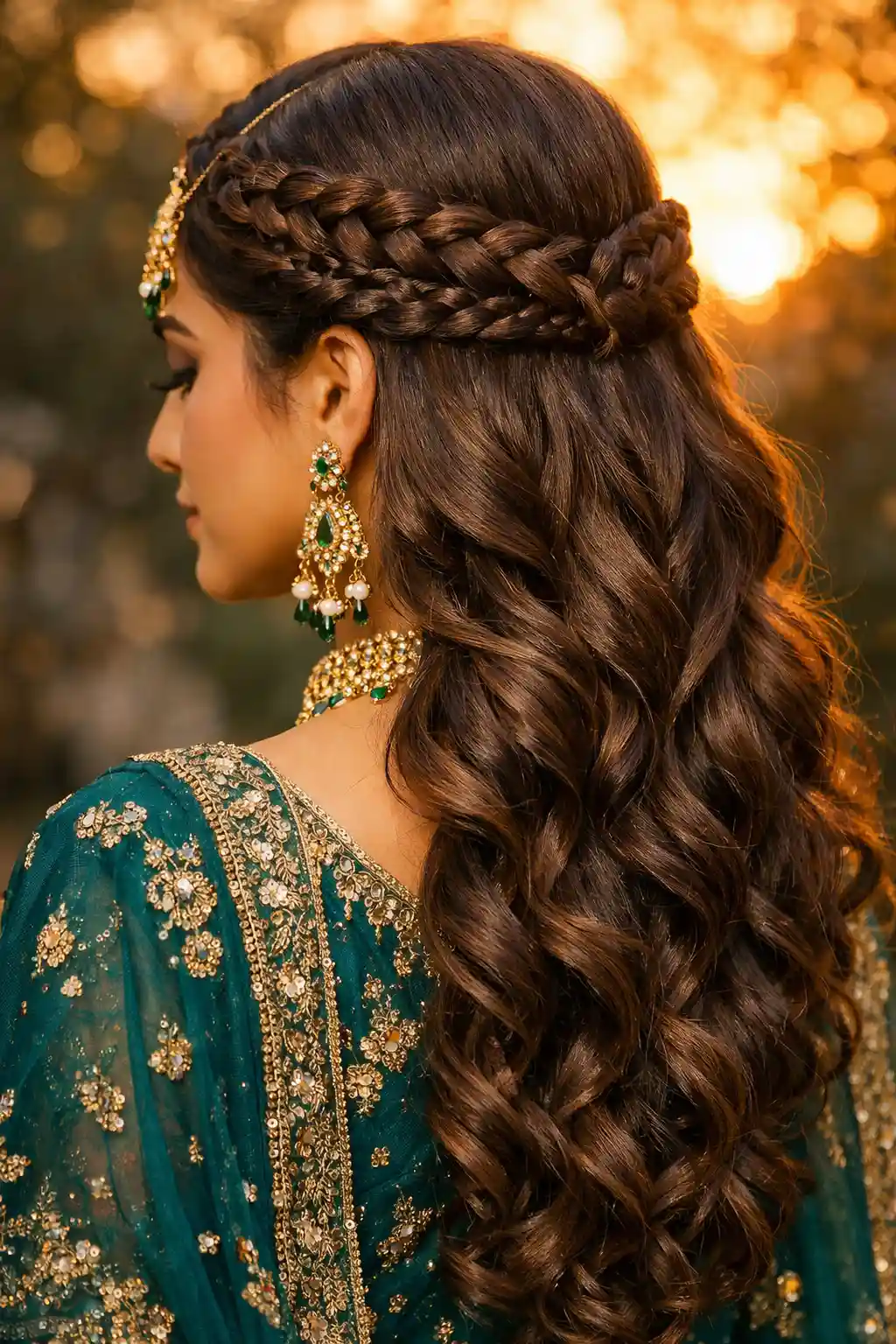 Bridal half-up hairstyle with crown braids wrapping toward back, long voluminous curls flowing down, and detailed traditional wedding jewelry
