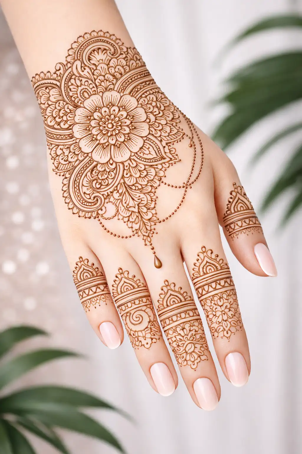 Heavy mandala back hand mehndi design with intricate wrist band and finger art
