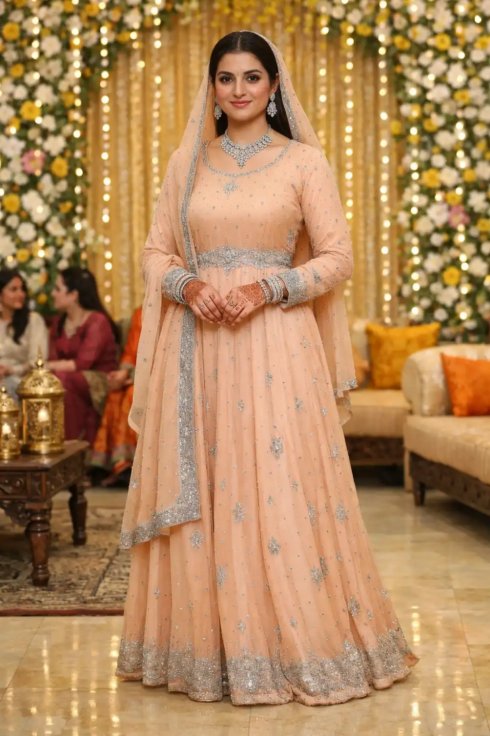 Peach floor length anarkali bridal mehndi dress with dupatta