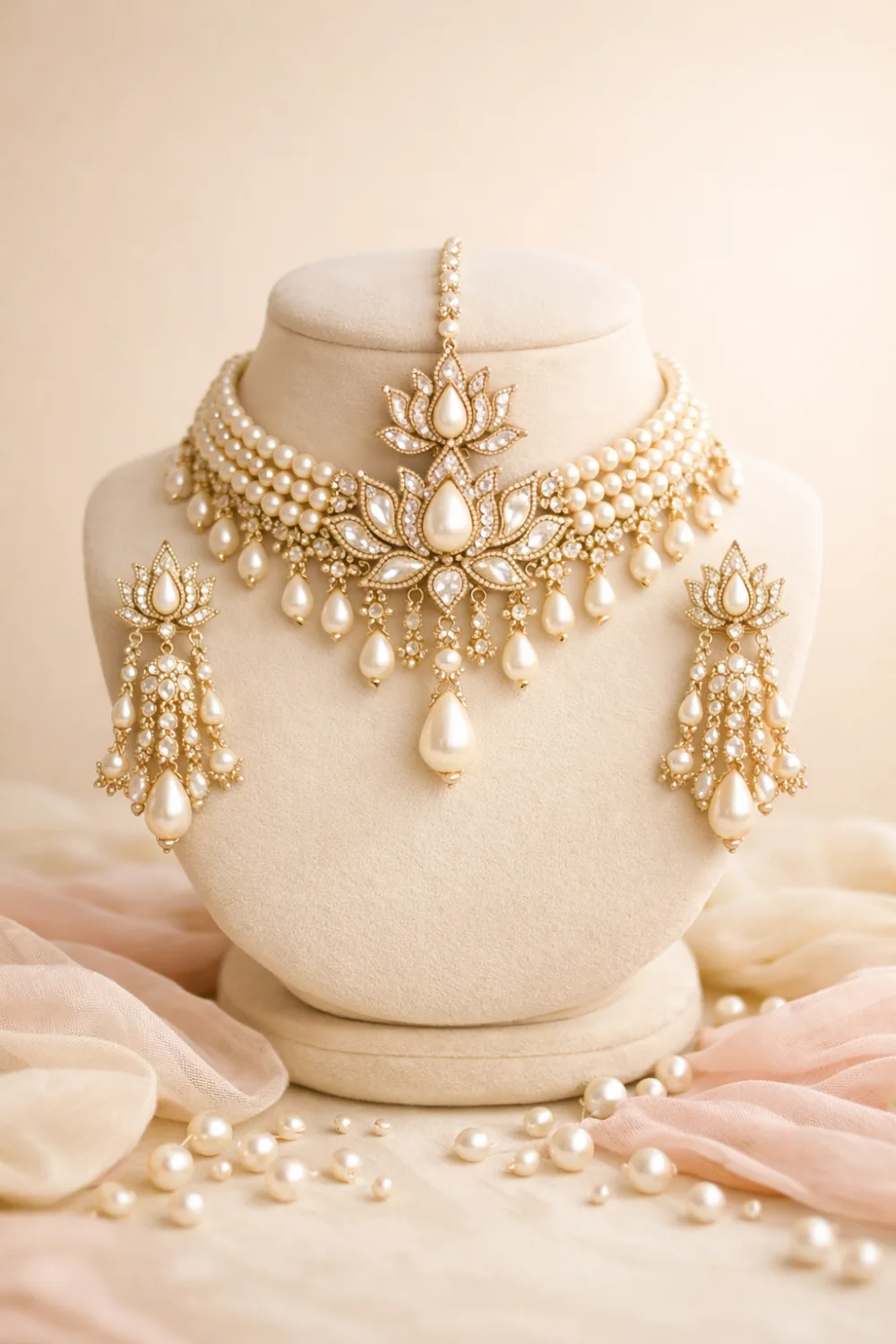 Elegant pearl drop bridal mehndi jewelry set with gold detailing on cream stand