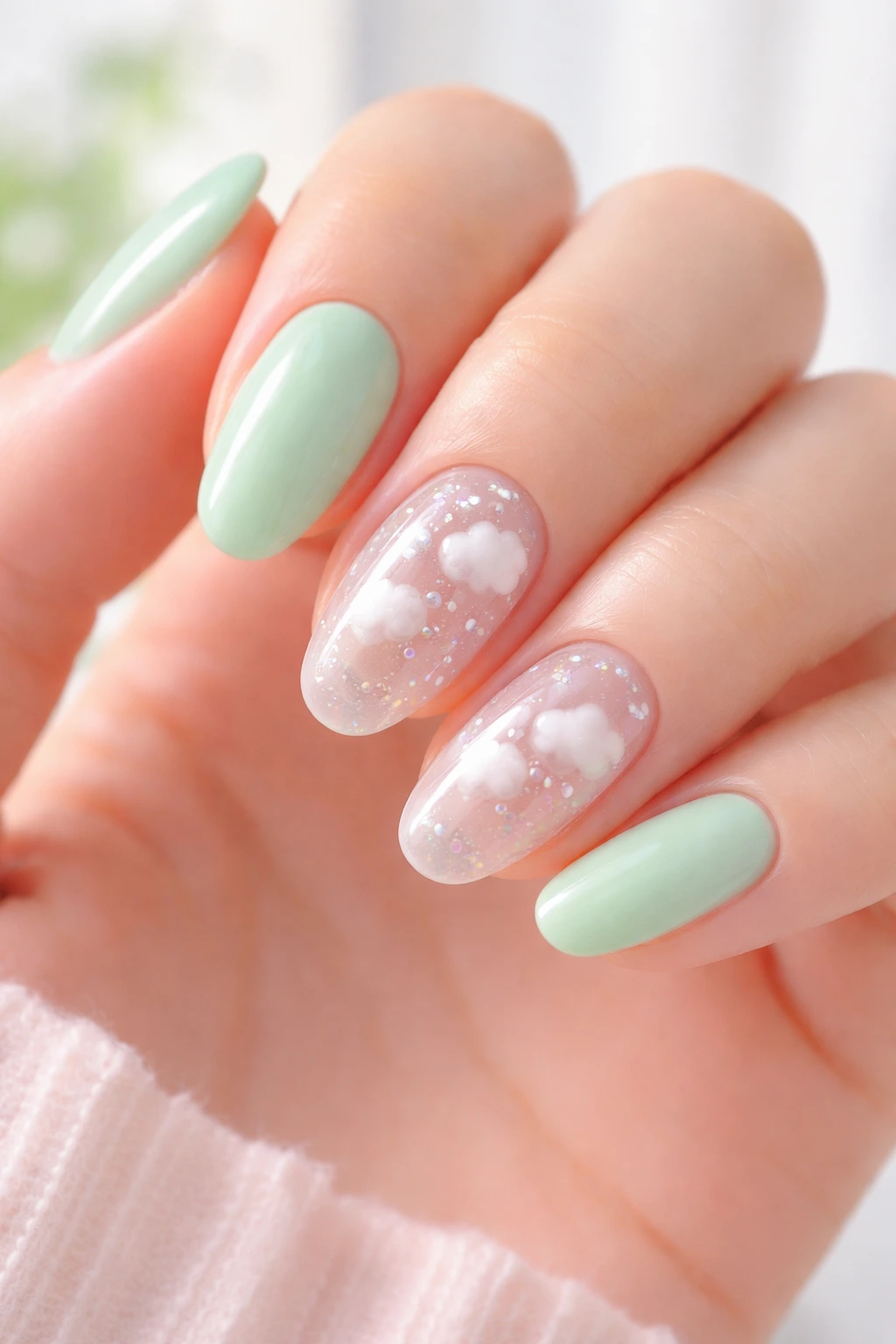 Mint green pastel nails with white cloud nail art soft dreamy sky inspired summer manicure design
