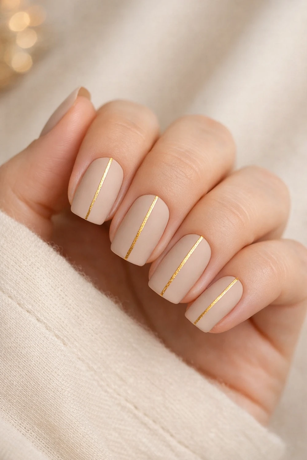 minimal nude gold line gel nails for eid, matte neutral manicure with thin metallic stripe, classy pakistani nail design