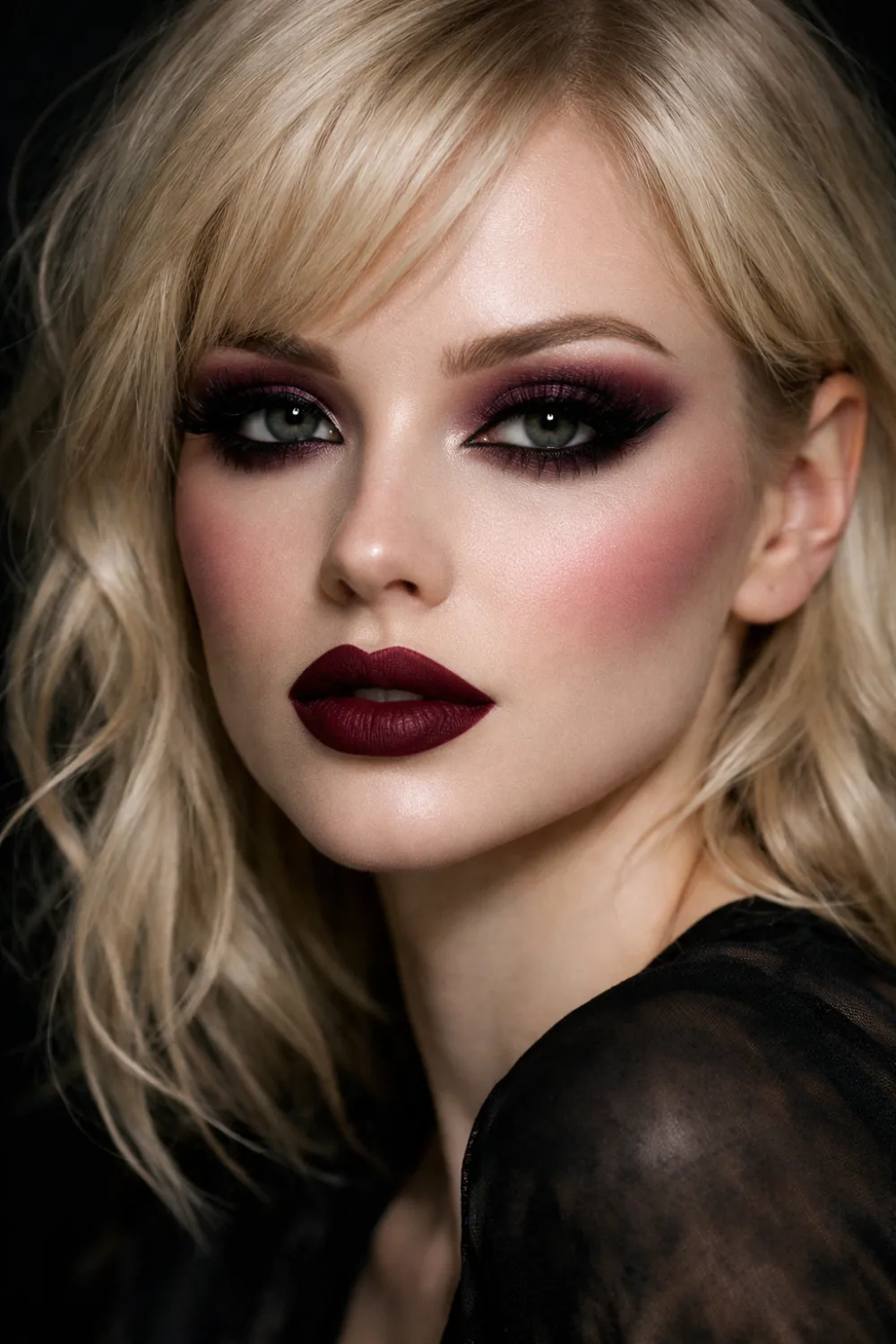 Berry plum full glam makeup with deep plum eyeshadow, dramatic lashes, sharp wing liner, sculpted matte complexion, and dark berry lips for winter evening glam