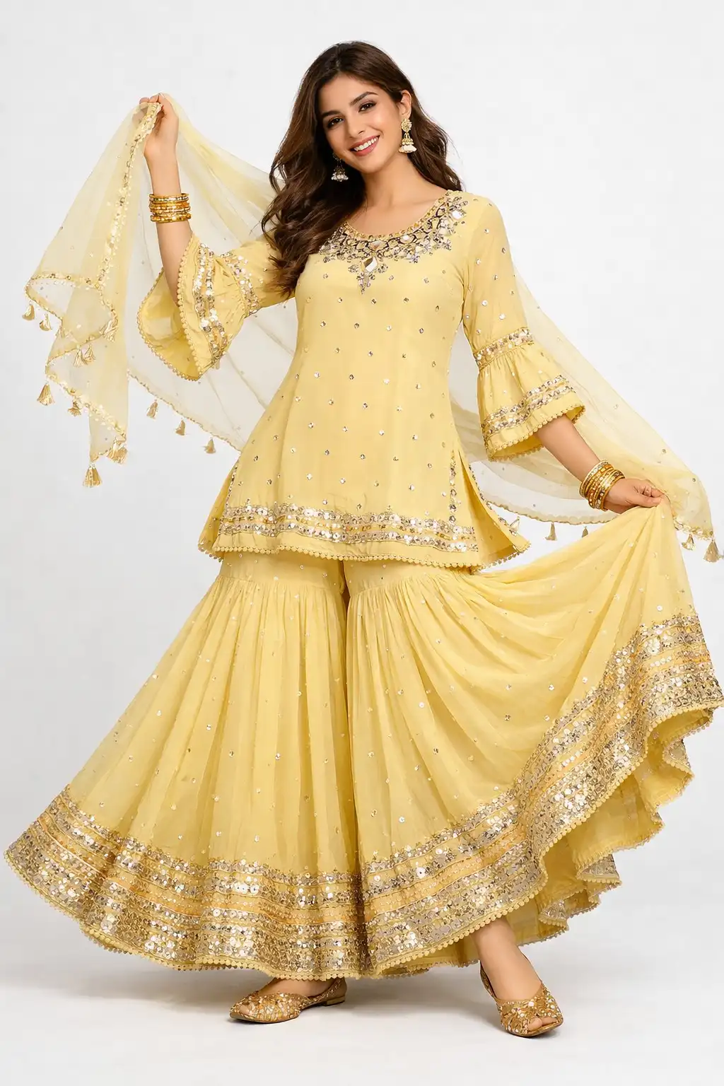 Yellow peplum kurti with flowy gharara and chiffon dupatta festive Eid outfit for girls