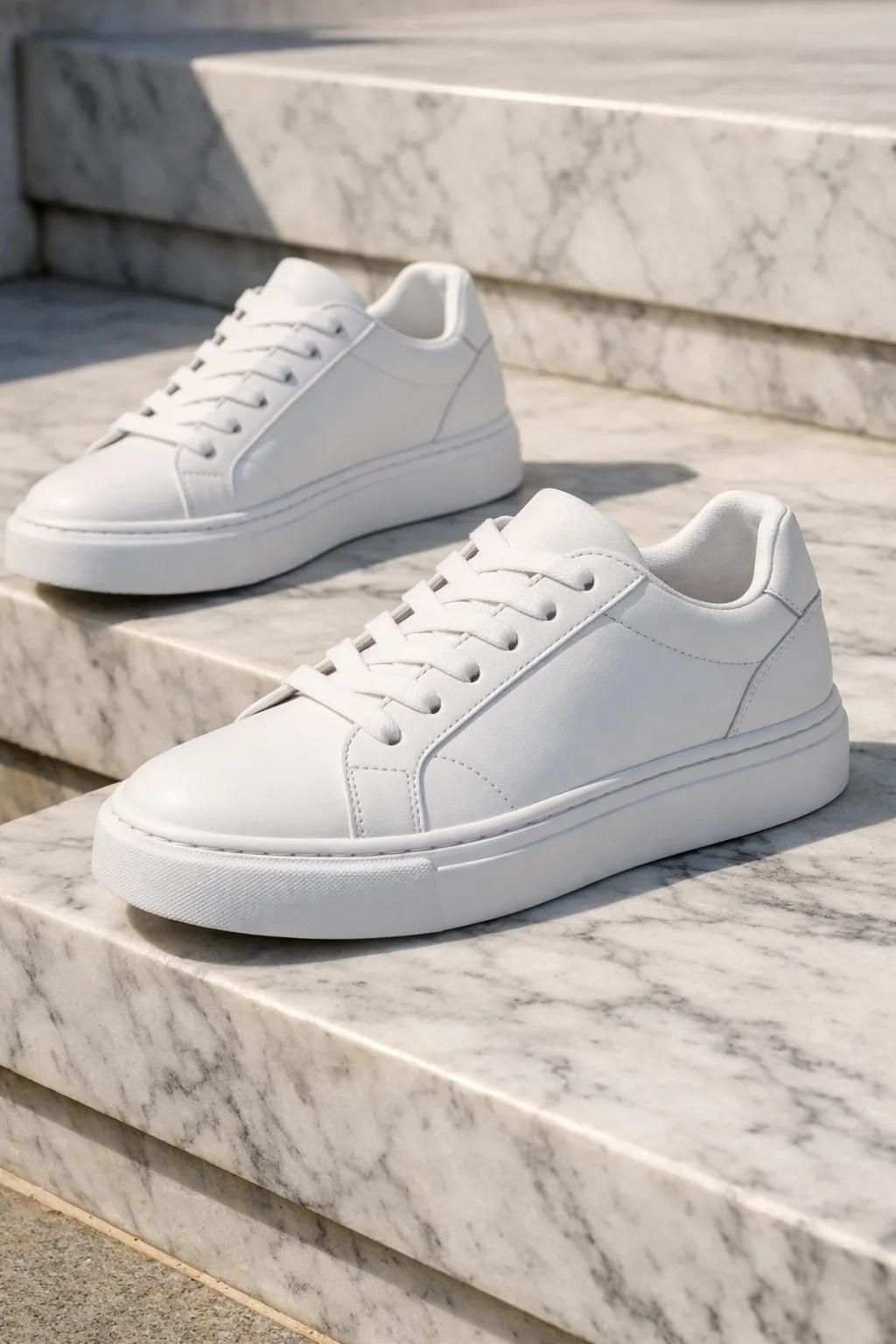clean white girls lace up sneakers minimal classic everyday fashion shoes on marble steps aesthetic look
