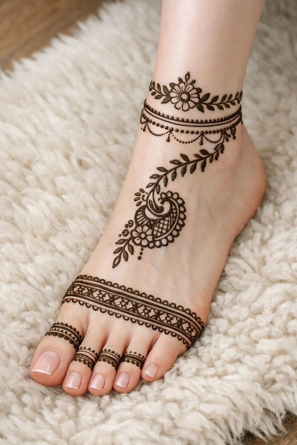 Floral anklet foot mehndi design with small paisley