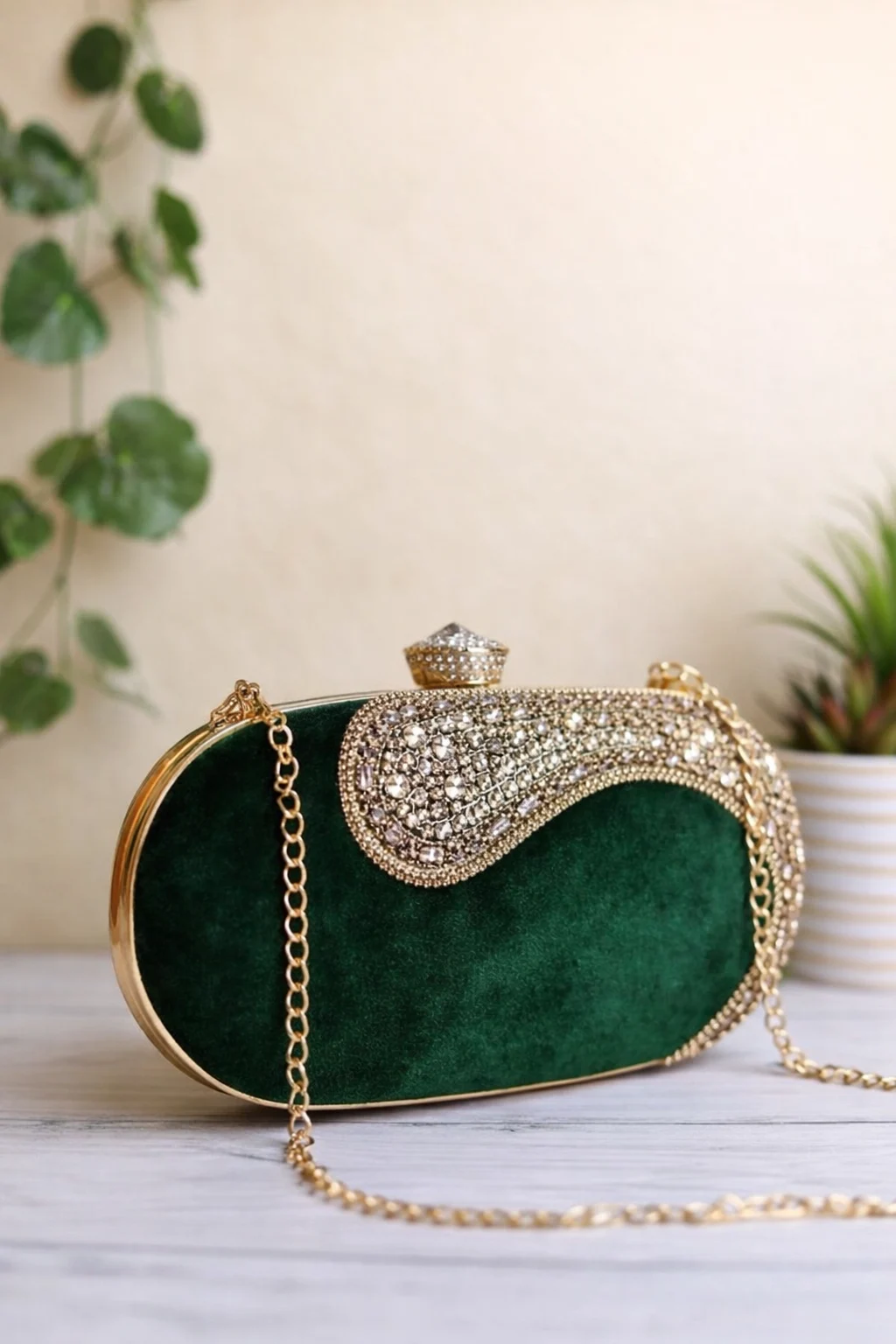 Emerald green velvet bridal clutch with crystal frame gold chain strap elegant luxury wedding bag