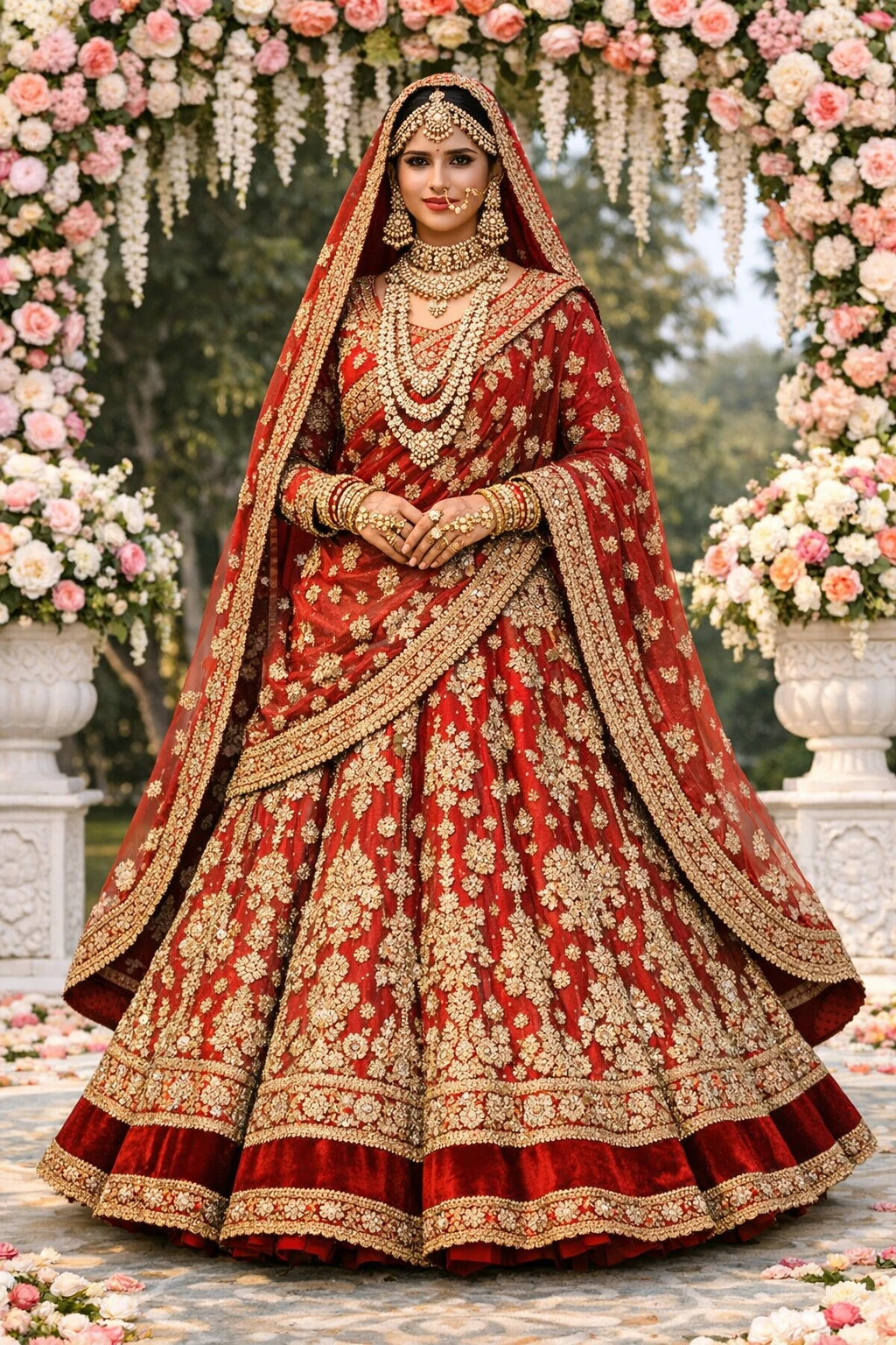 floral red bridal lehenga gold motifs heritage Pakistani style wide flare outdoor garden wedding