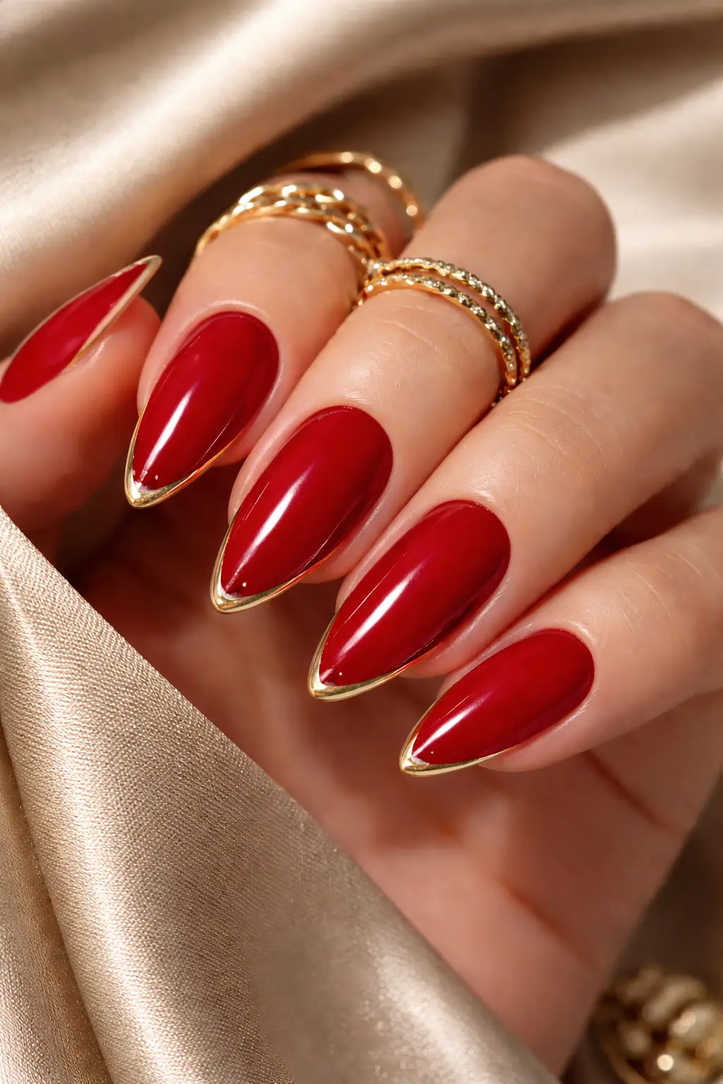 bold red almond gel nails gold chrome outline glossy luxury manicure