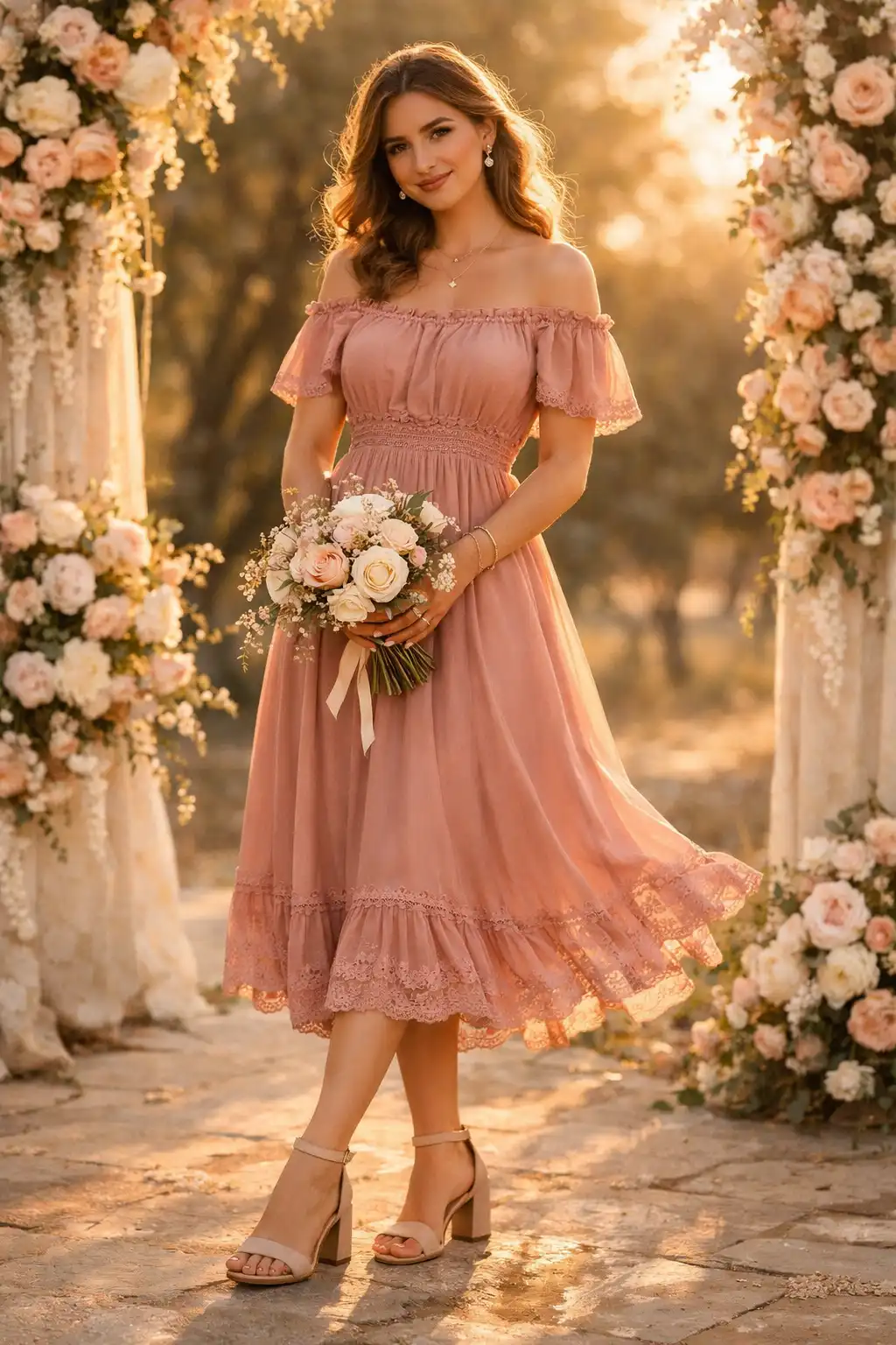 blush lace off shoulder midi dress with floral garden backdrop