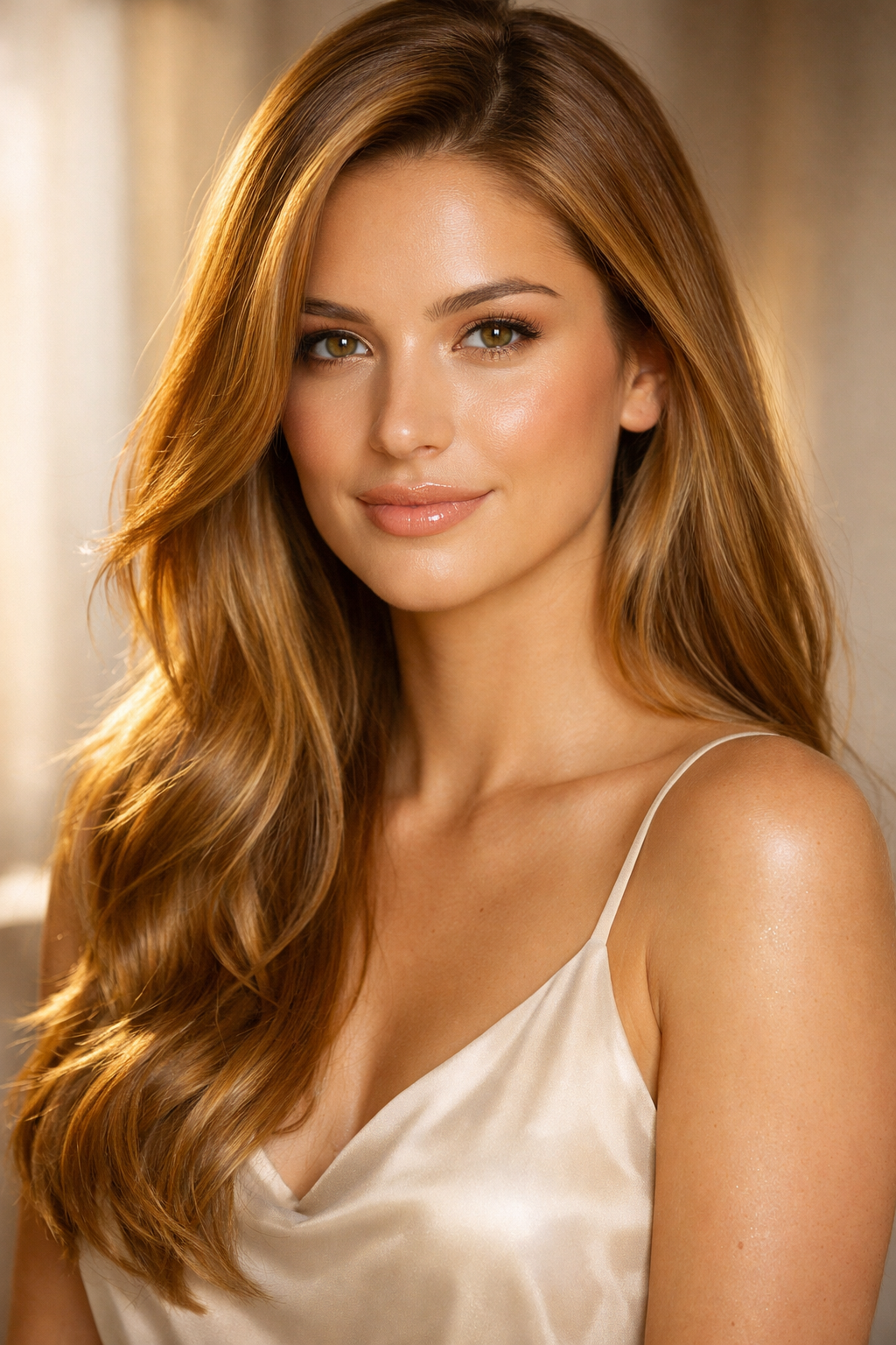Honey golden brown hair color long glossy waves warm glowing shine healthy smooth finish