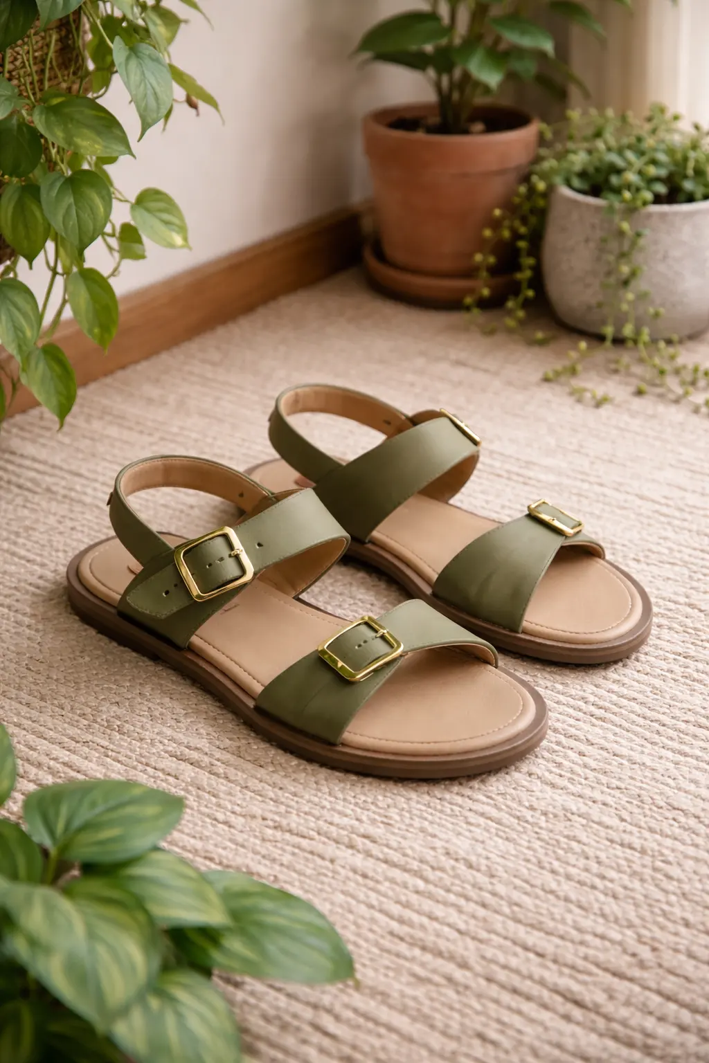 Olive green buckle strap flat girls sandal with gold hardware detail