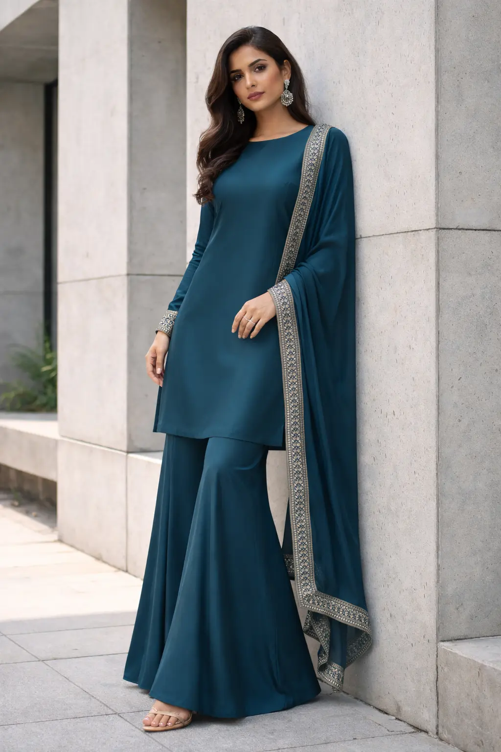 Teal minimalist flared sharara set with subtle border