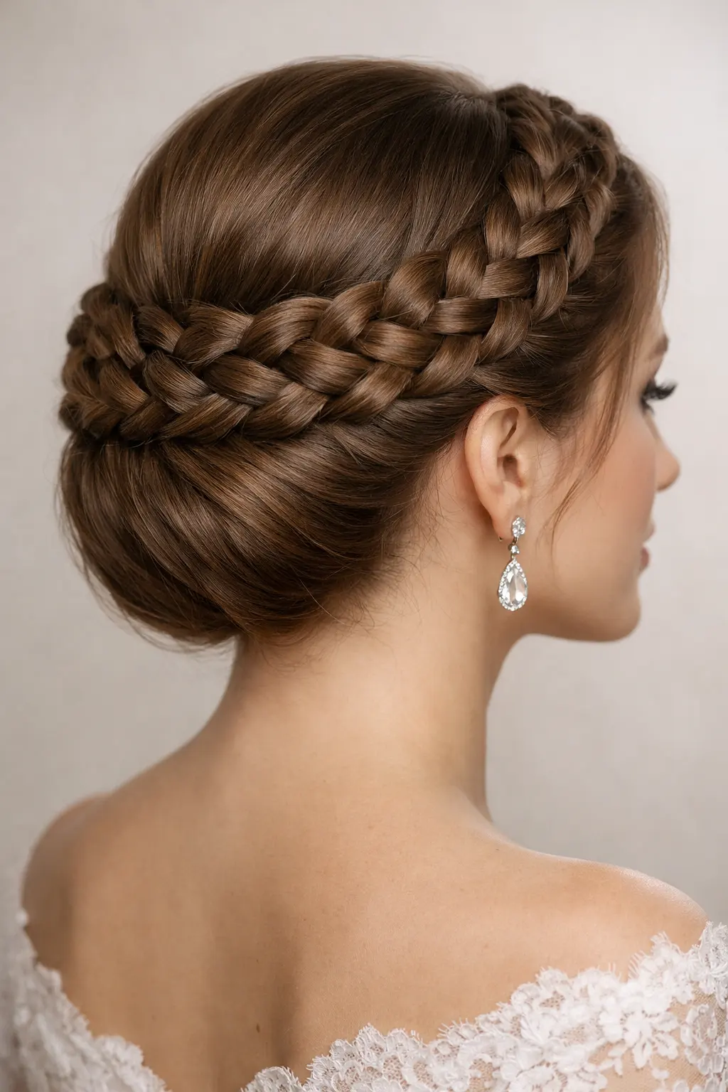 Braided crown low bun hairstyle on medium hair for bridal and formal functions