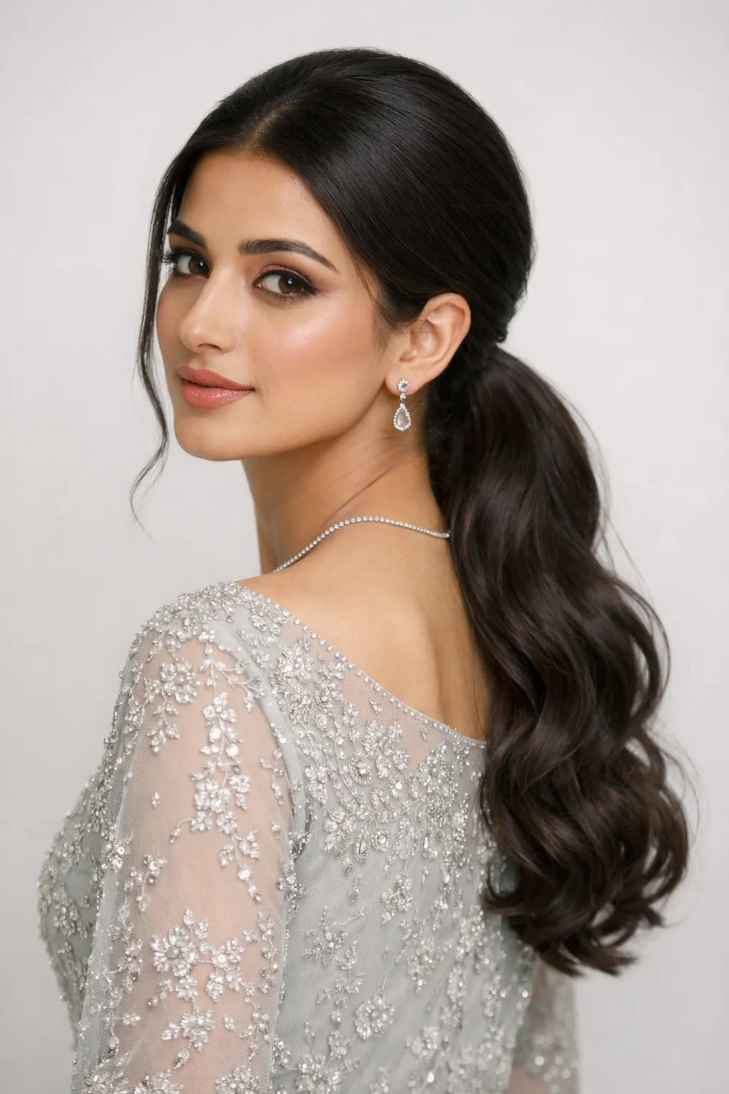 Modern bridal low ponytail hairstyle with smooth polished crown, neatly secured base, and soft flowing waves through the length