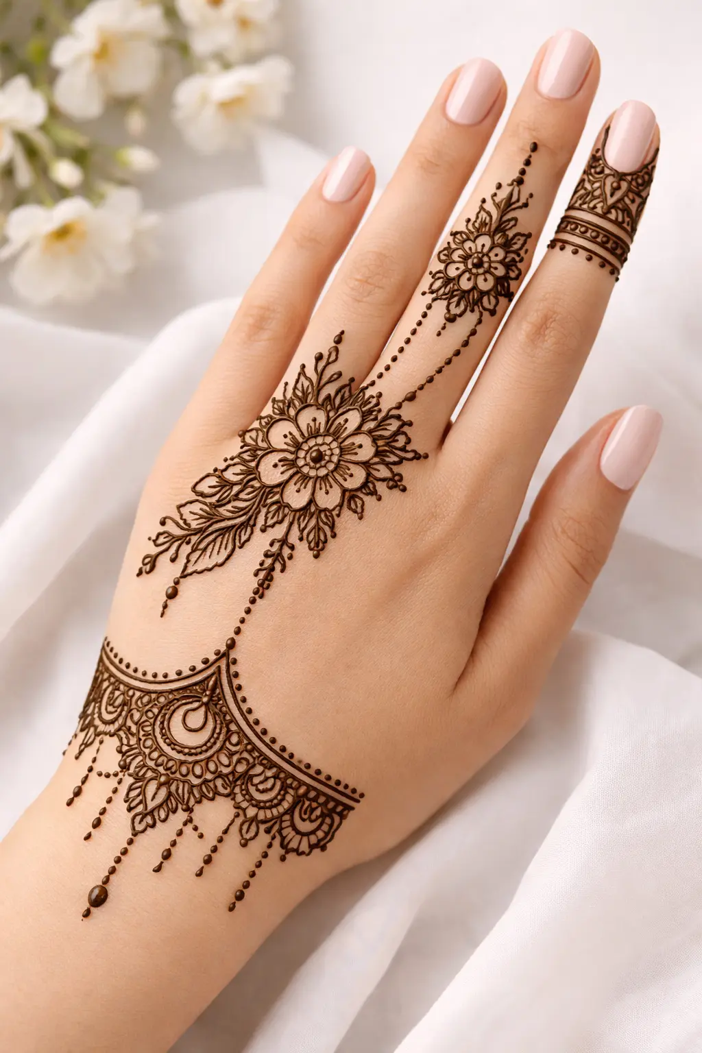 Floral bracelet back hand mehndi design with dotted chain connection