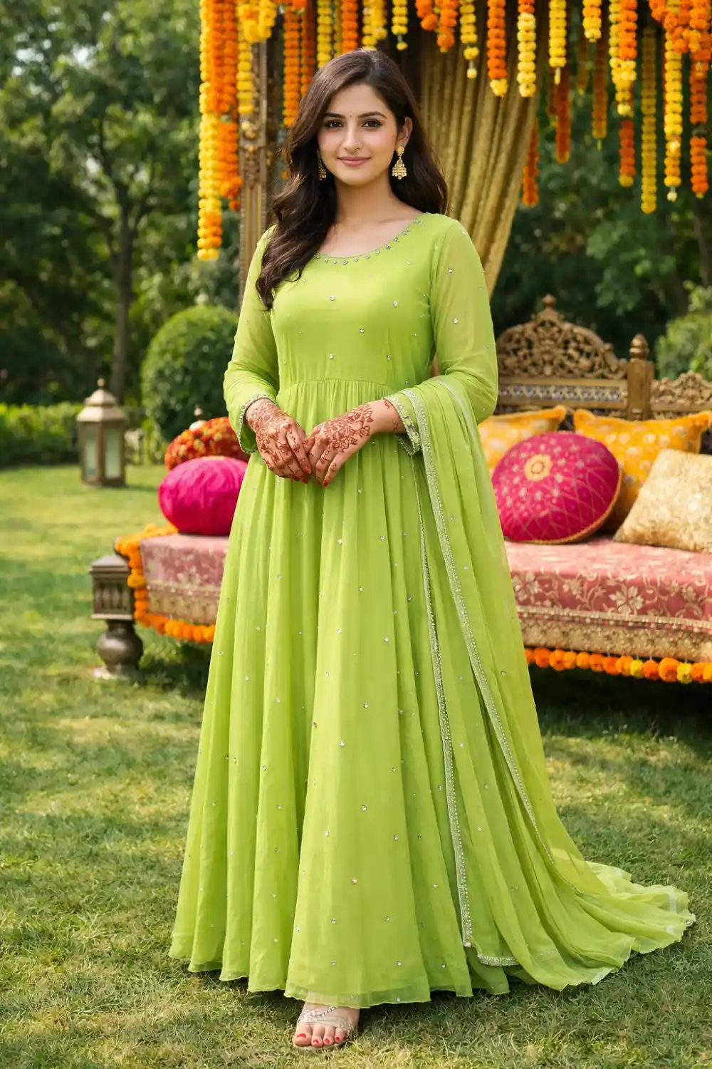 Lime green simple anarkali bridal mehndi dress for daytime wedding