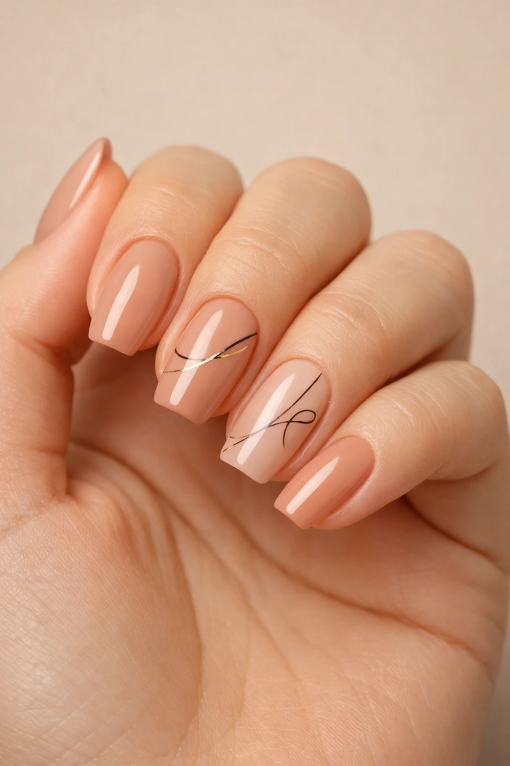 nude nails with minimalist line art modern formal manicure elegant neutral nail design