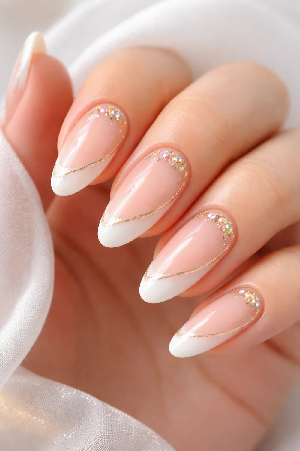 soft french glitter cuticle gel nails for eid, glossy pink and white manicure with crystal detail, elegant festive nails