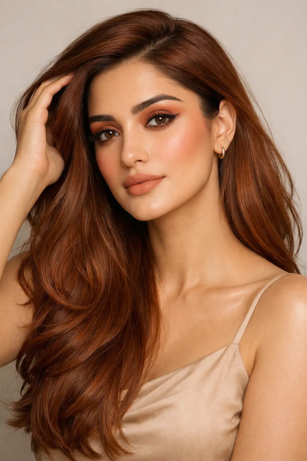 cinnamon copper hair color warm red brown Pakistani model long shiny waves