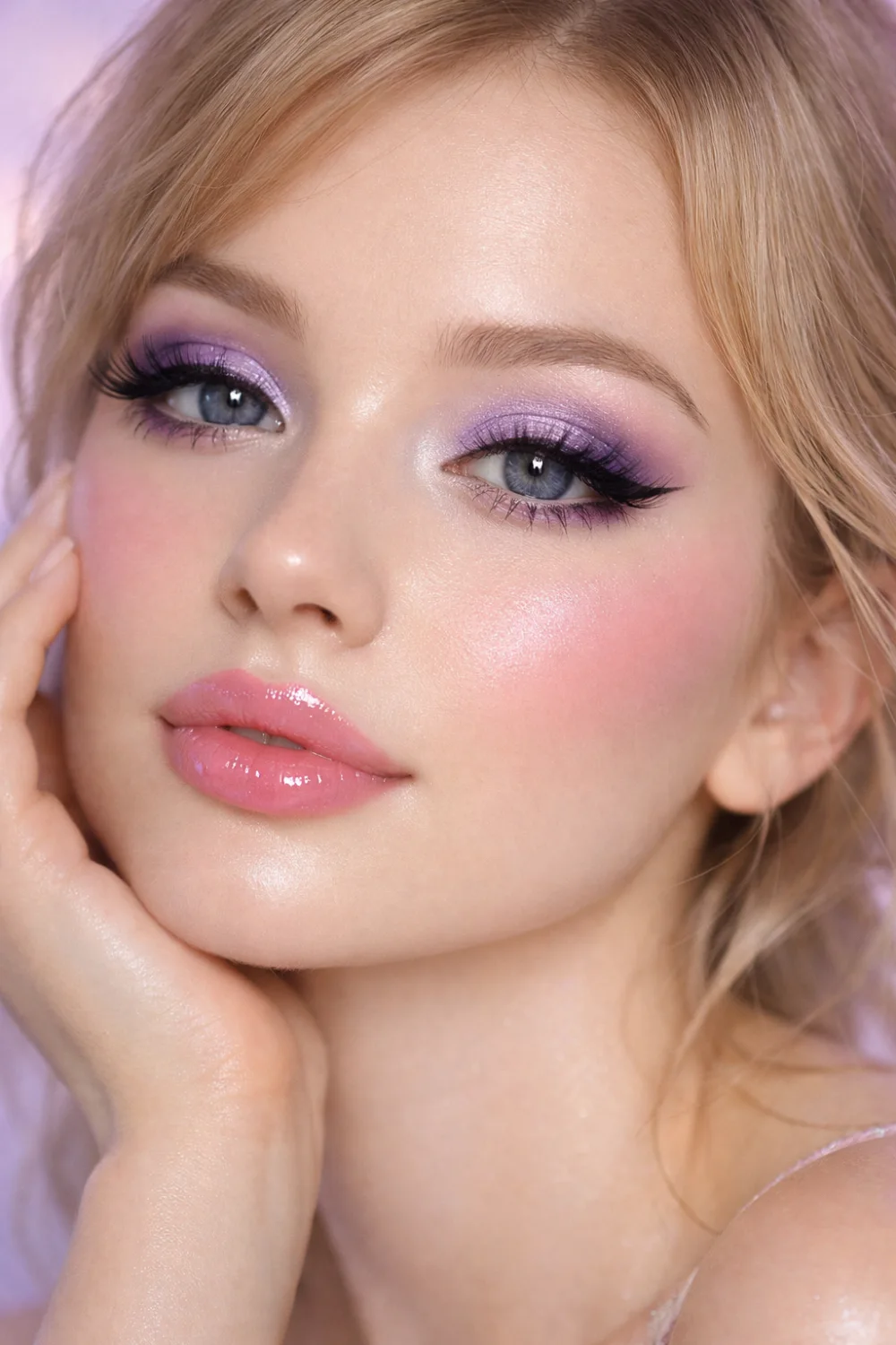 Lavender full glam makeup look with soft purple shimmer eyeshadow, wispy dramatic lashes, winged liner, flawless matte skin, rosy blush, and glossy pink lips
