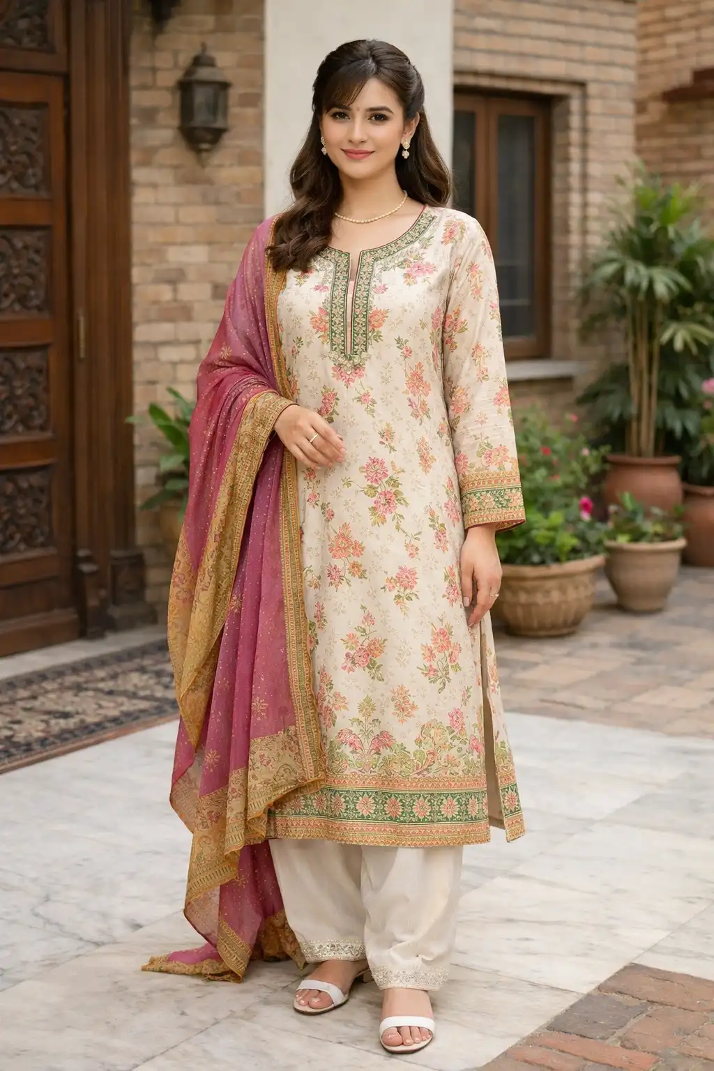 Cream floral kurta with maroon dupatta straight pants simple elegant Eid outfit for girls