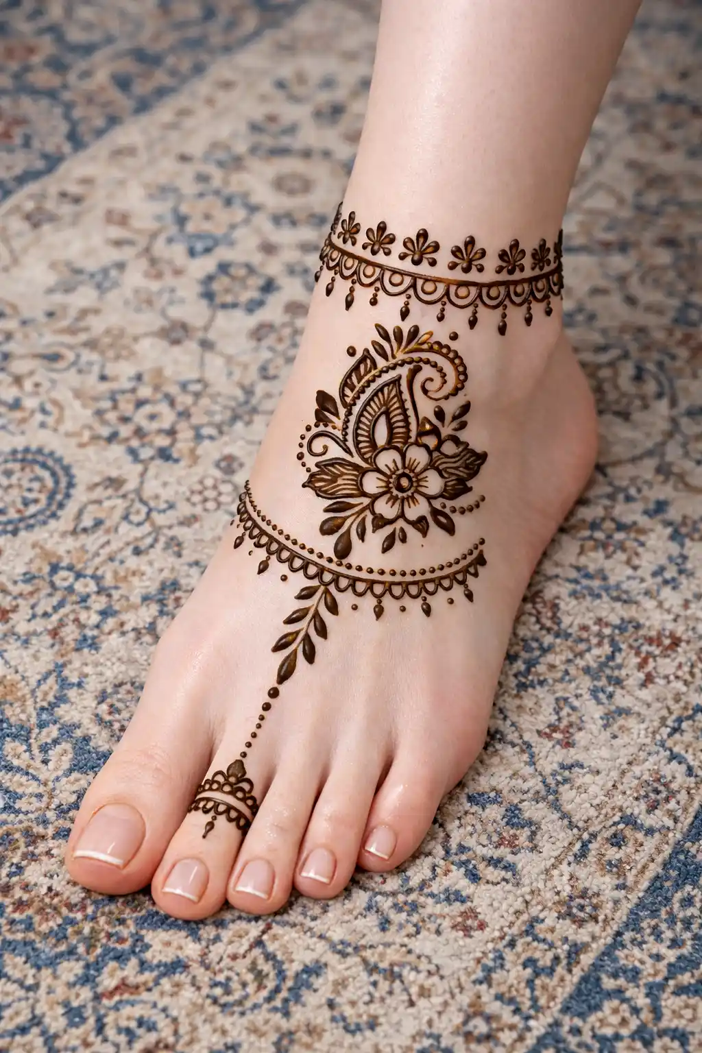 Floral paisley foot mehndi design with dotted anklet chain