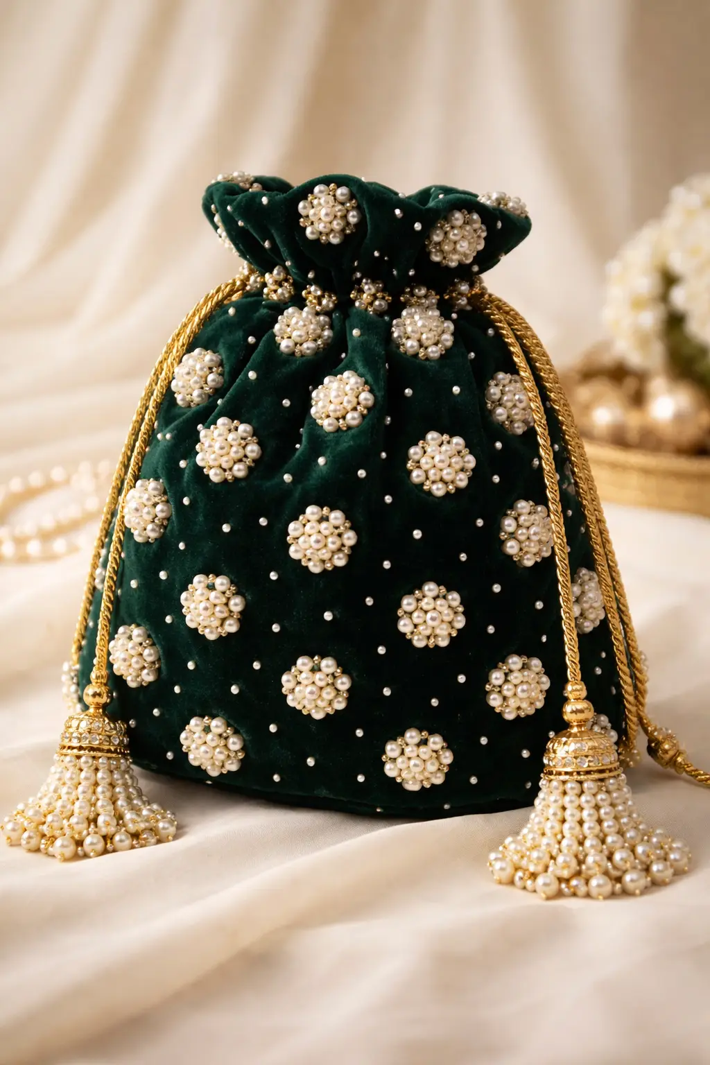 Green velvet pearl embellished bridal potli bag with gold drawstrings and pearl tassels traditional wedding accessory
