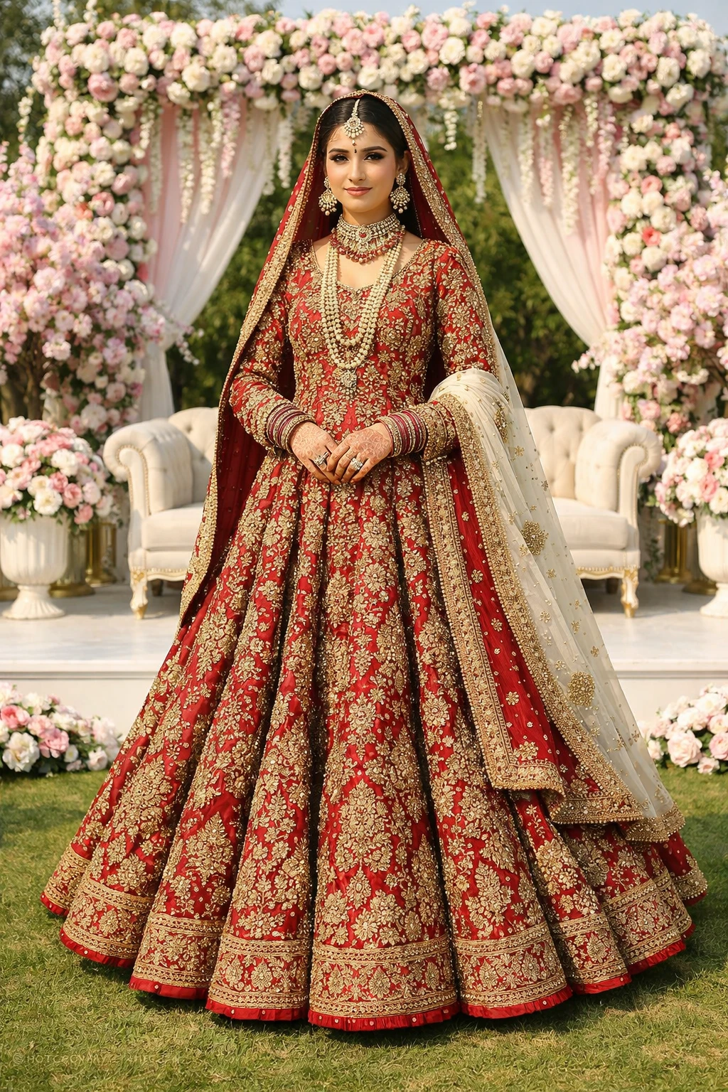 red gold bridal lehenga heavy borders layered dupatta garden stage wedding photoshoot look