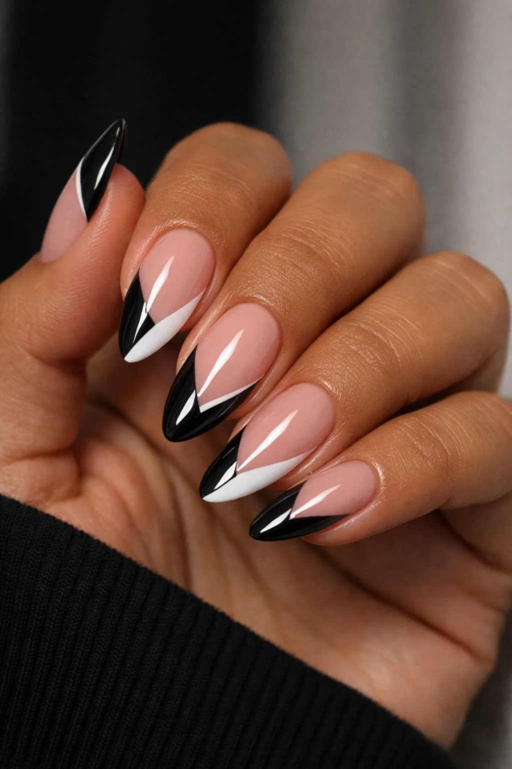 black white v tip french almond gel nails modern contrast manicure