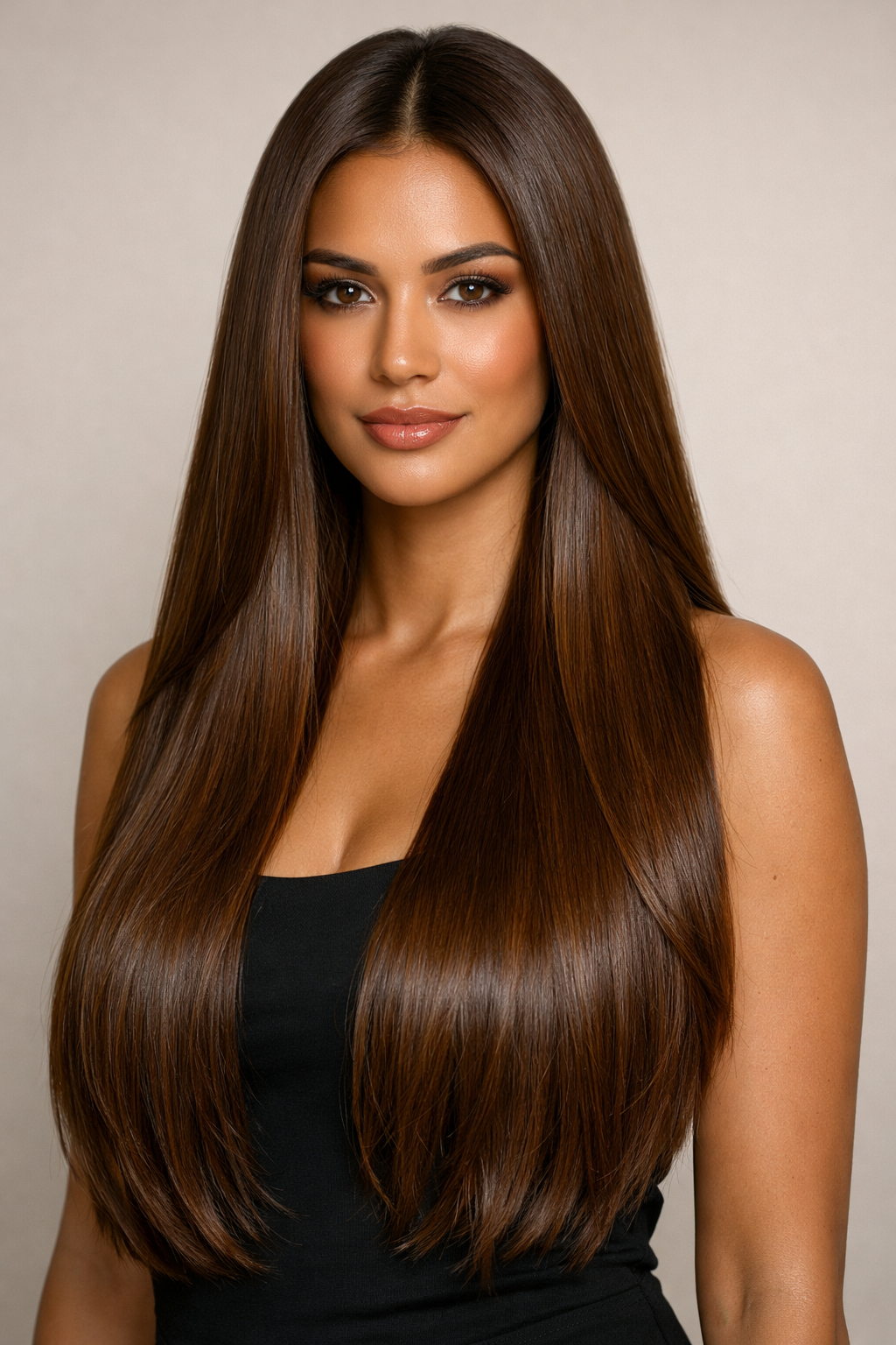 Rich chestnut brown long straight hair with deep warm reddish brown shine sleek elegant style