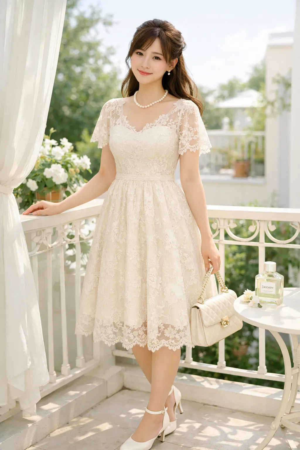 Woman wearing cream lace fit and flare knee length dress sweet feminine daytime look
