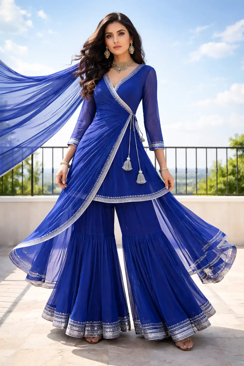 Royal blue wrap style sharara set with silver borders