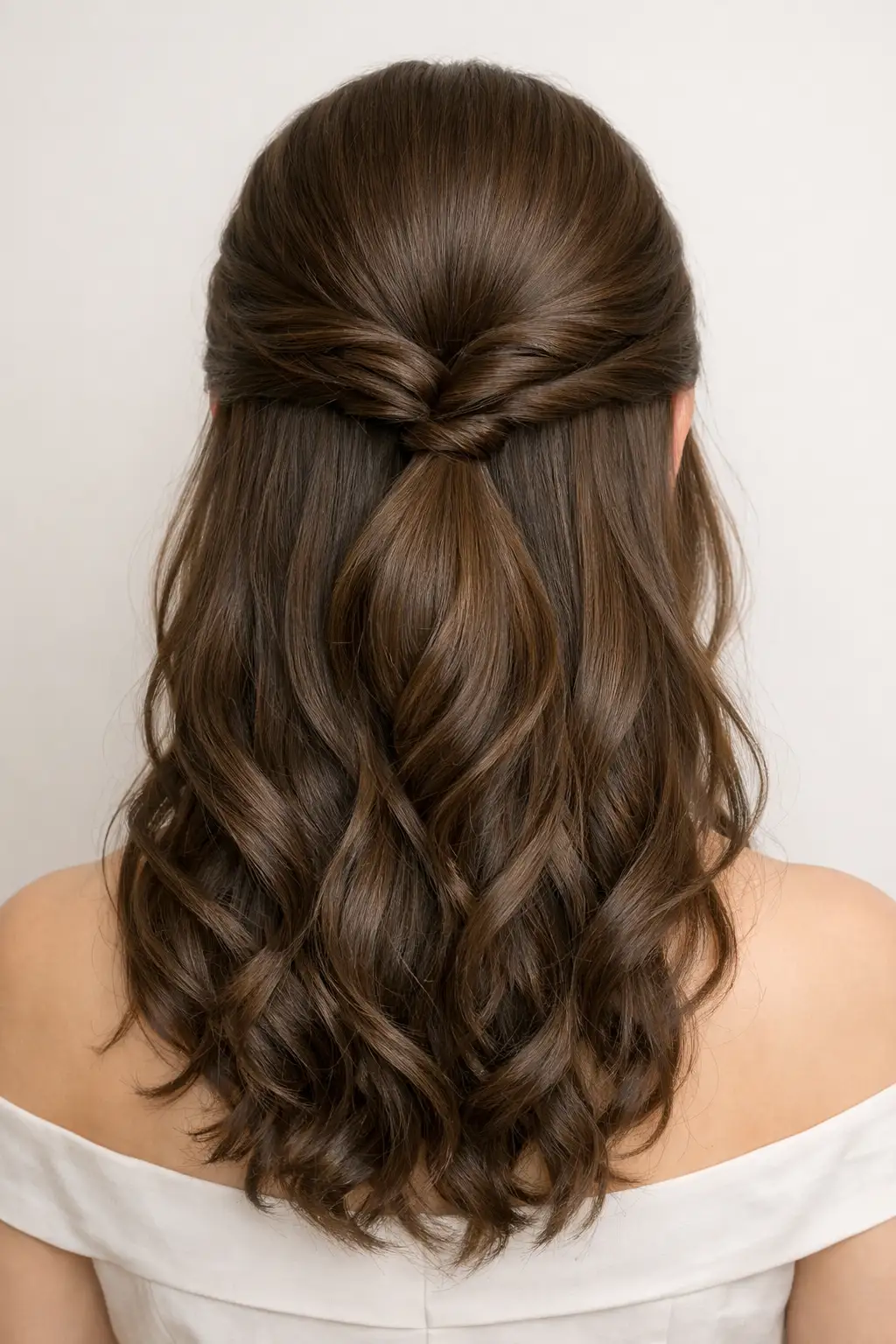 Twisted half up hairstyle with soft waves on medium hair for engagement and party style