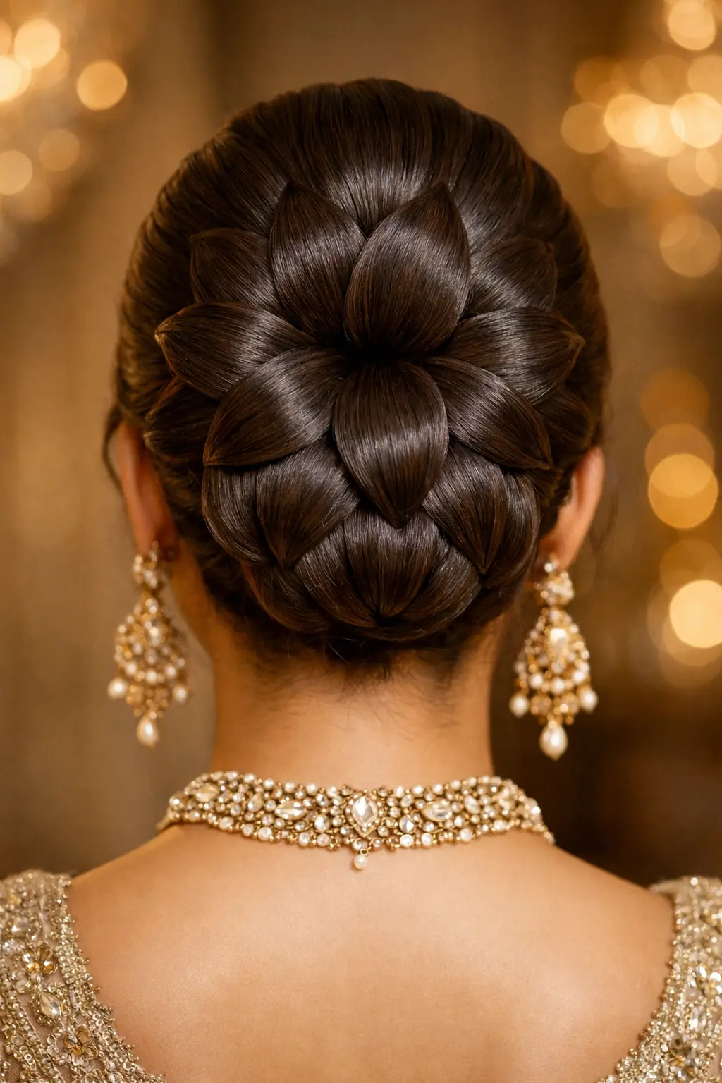 Intricate bridal bun shaped like layered flower petals, smooth symmetrical sections arranged in circular design, high-gloss polished finish