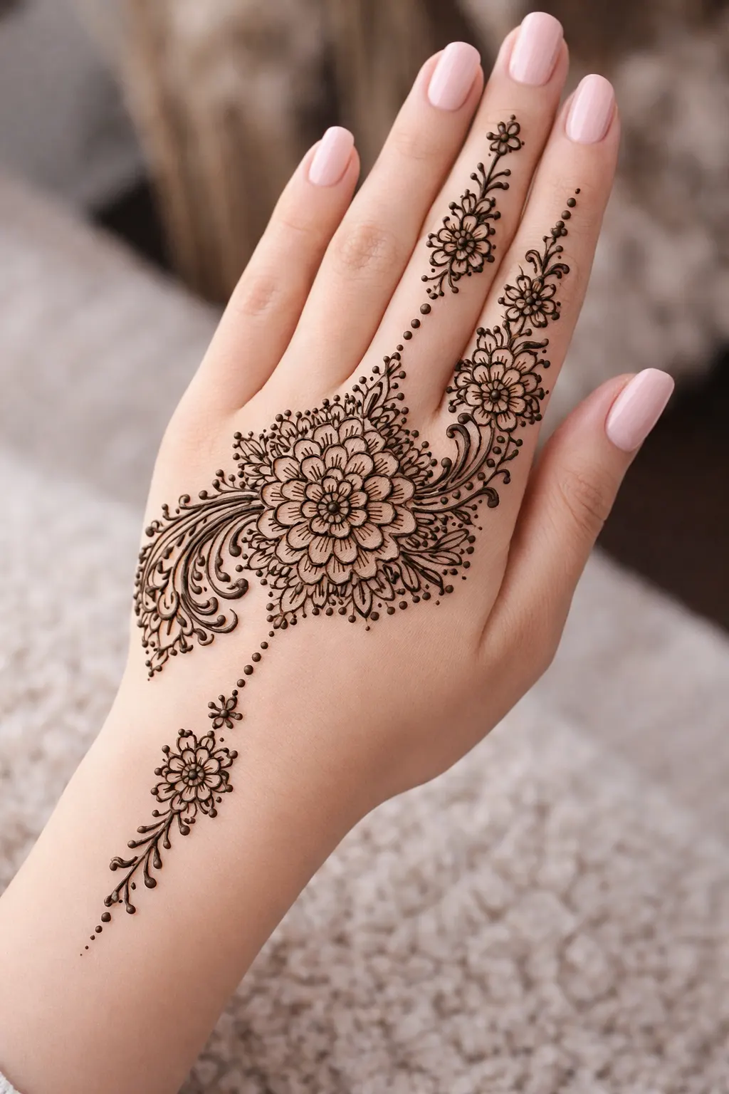 Side floral cluster back hand mehndi design with leafy vine and dot trail