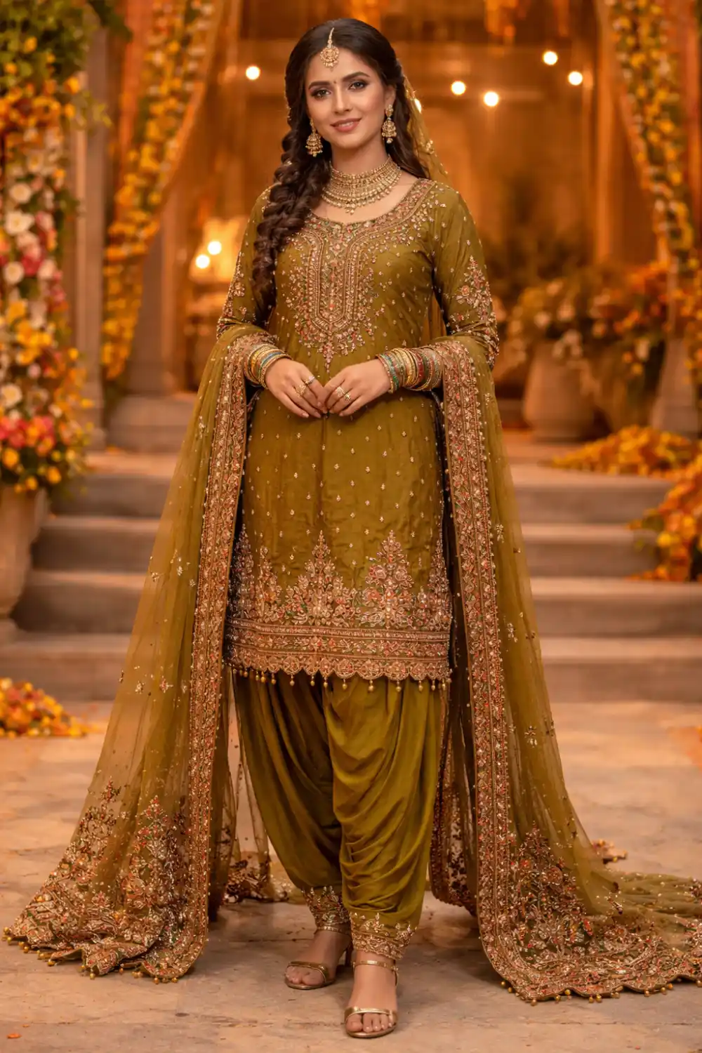 Olive green kurta dhoti bridal mehndi dress modern Pakistani style
