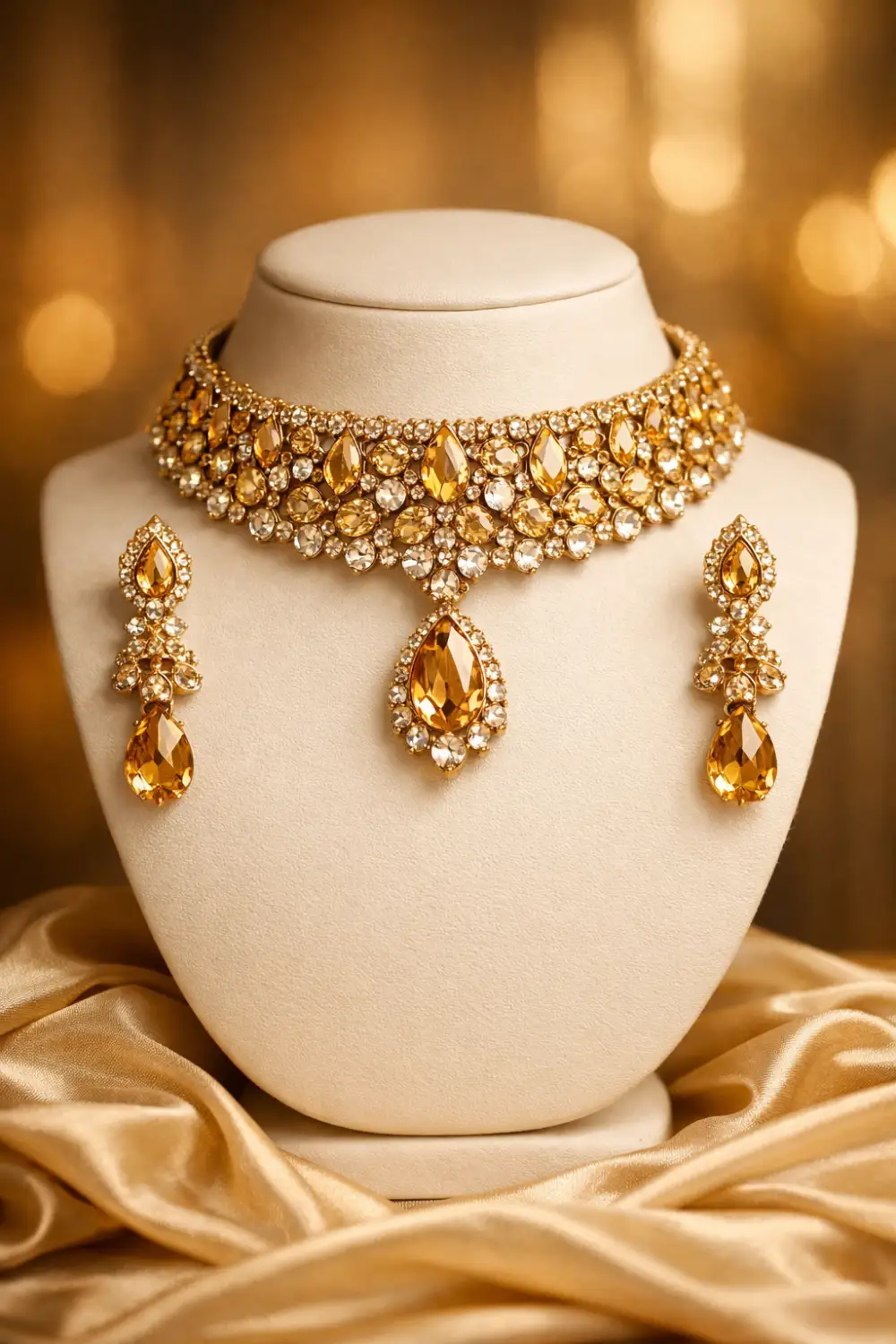 Honey gold crystal bridal mehndi jewelry choker set on luxury display bust
