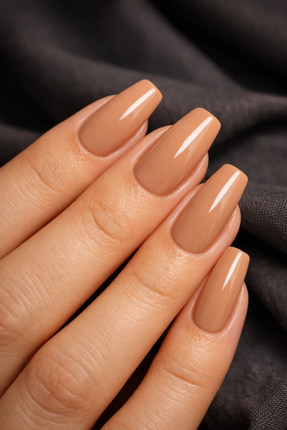 warm caramel nude glossy nails elegant formal manicure rich neutral nail color