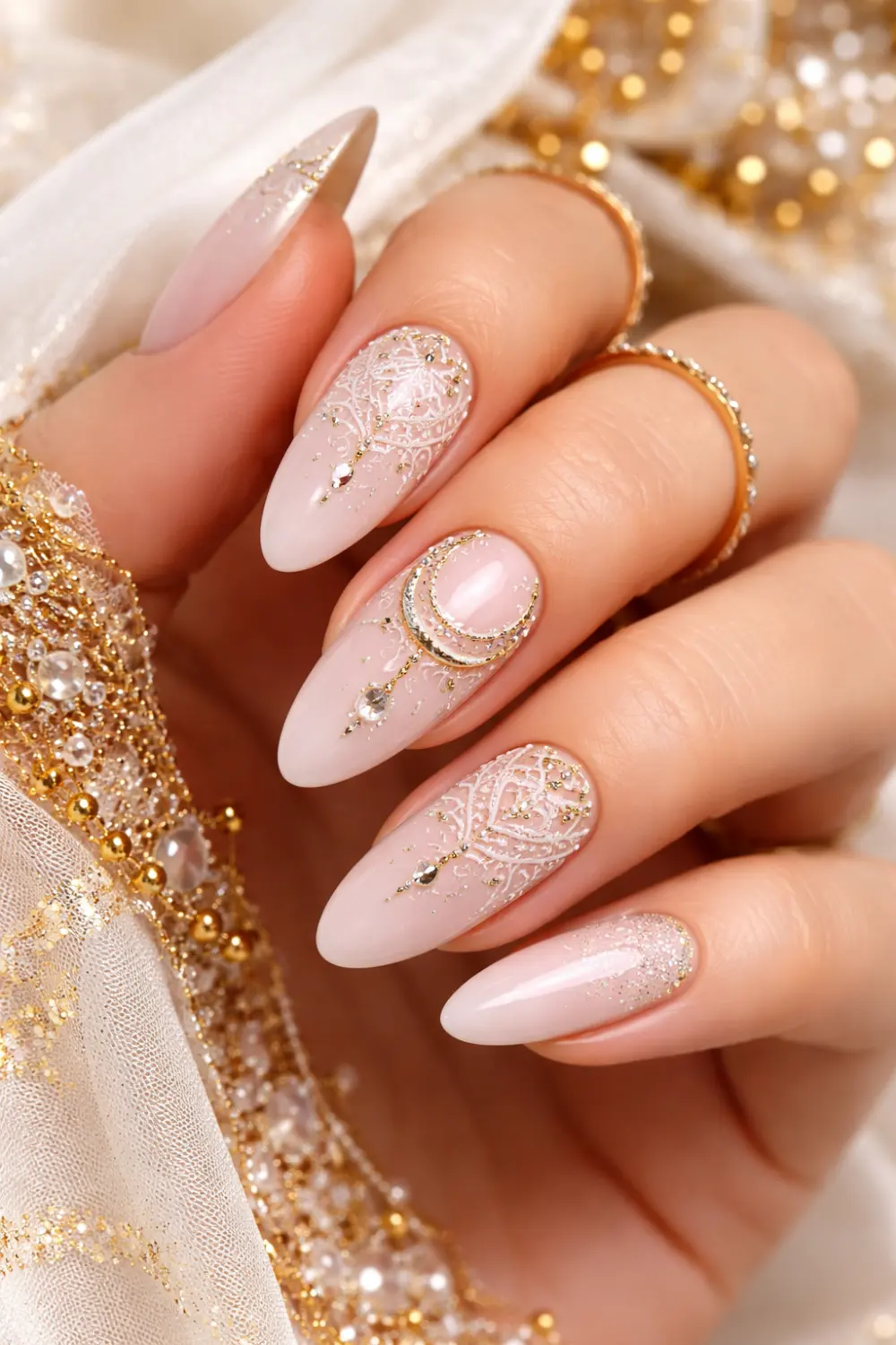 luxury crescent mehndi gel nails for eid, blush pink manicure with gold moon and henna art, pakistani festive nails