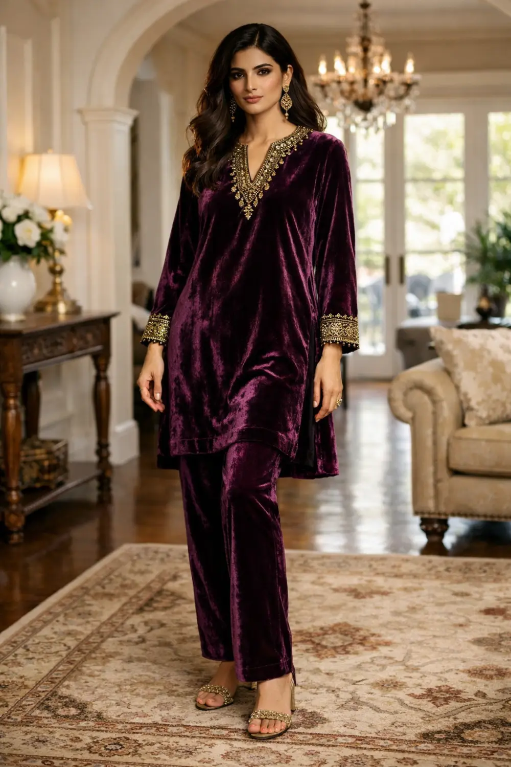 Deep plum velvet Eid suit for women with gold neckline detail, luxury Pakistani winter festive outfit