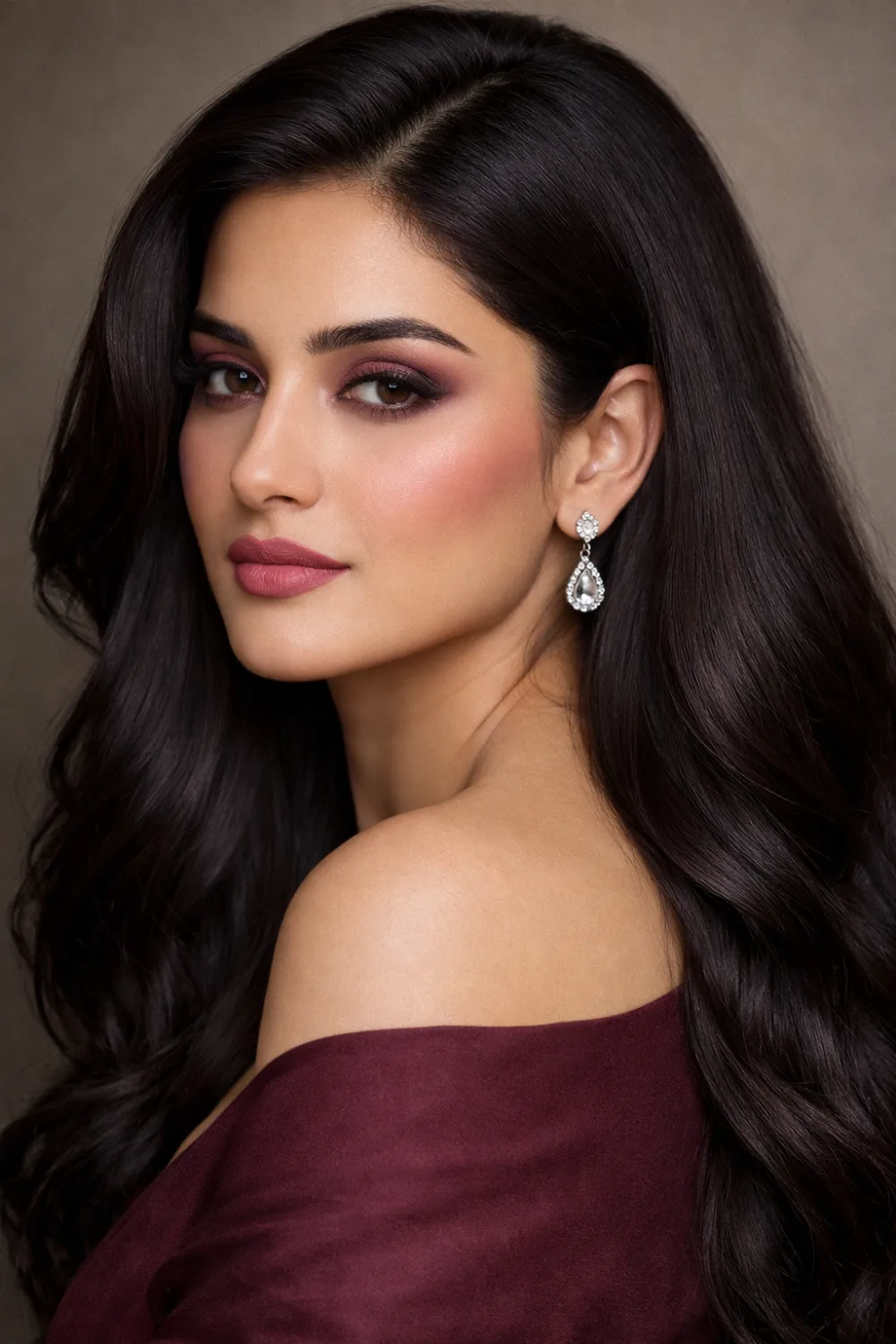 espresso brown hair color deep glossy brunette Pakistani model smooth waves