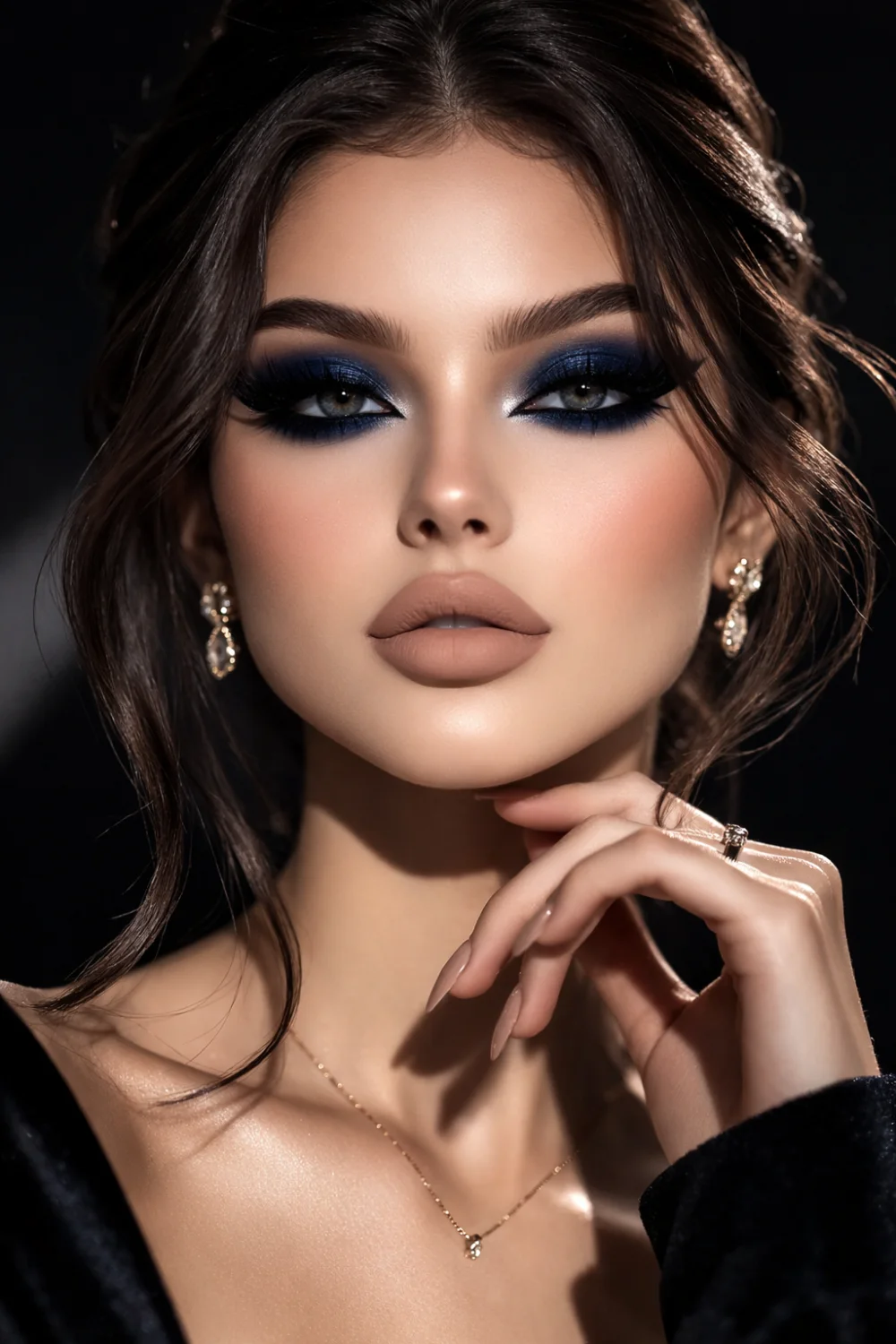 Midnight blue full glam makeup with deep blue smokey eyes, bold false lashes, sharp eyeliner, sculpted matte base, highlighted cheeks, and nude lips for night glam