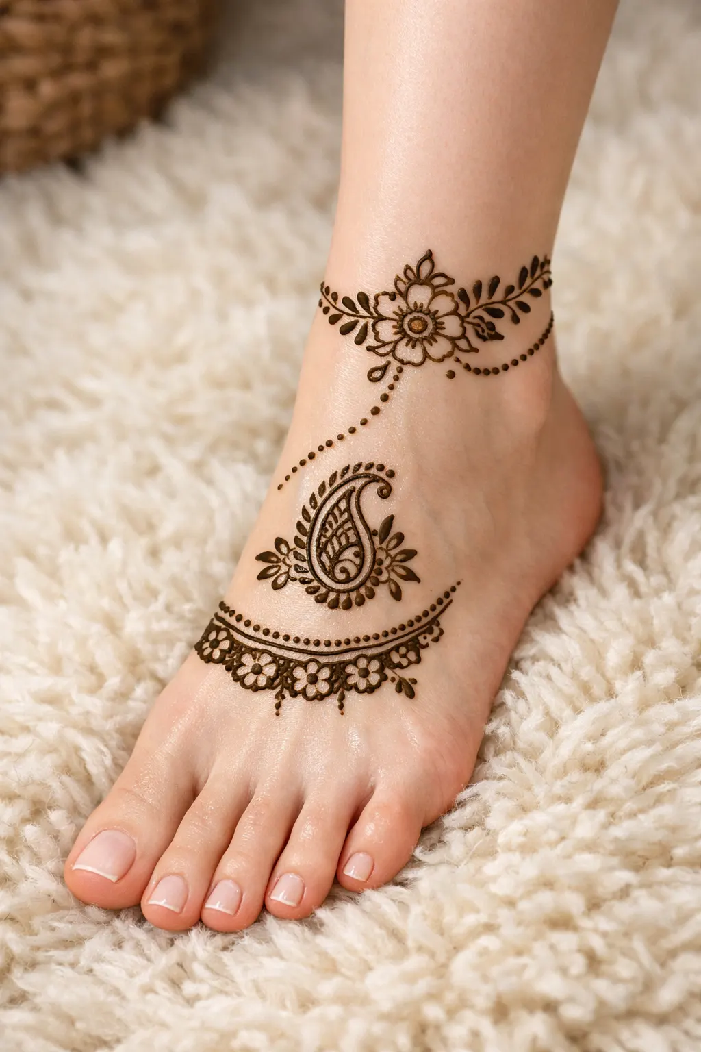 Soft floral chain foot mehndi design with small paisley