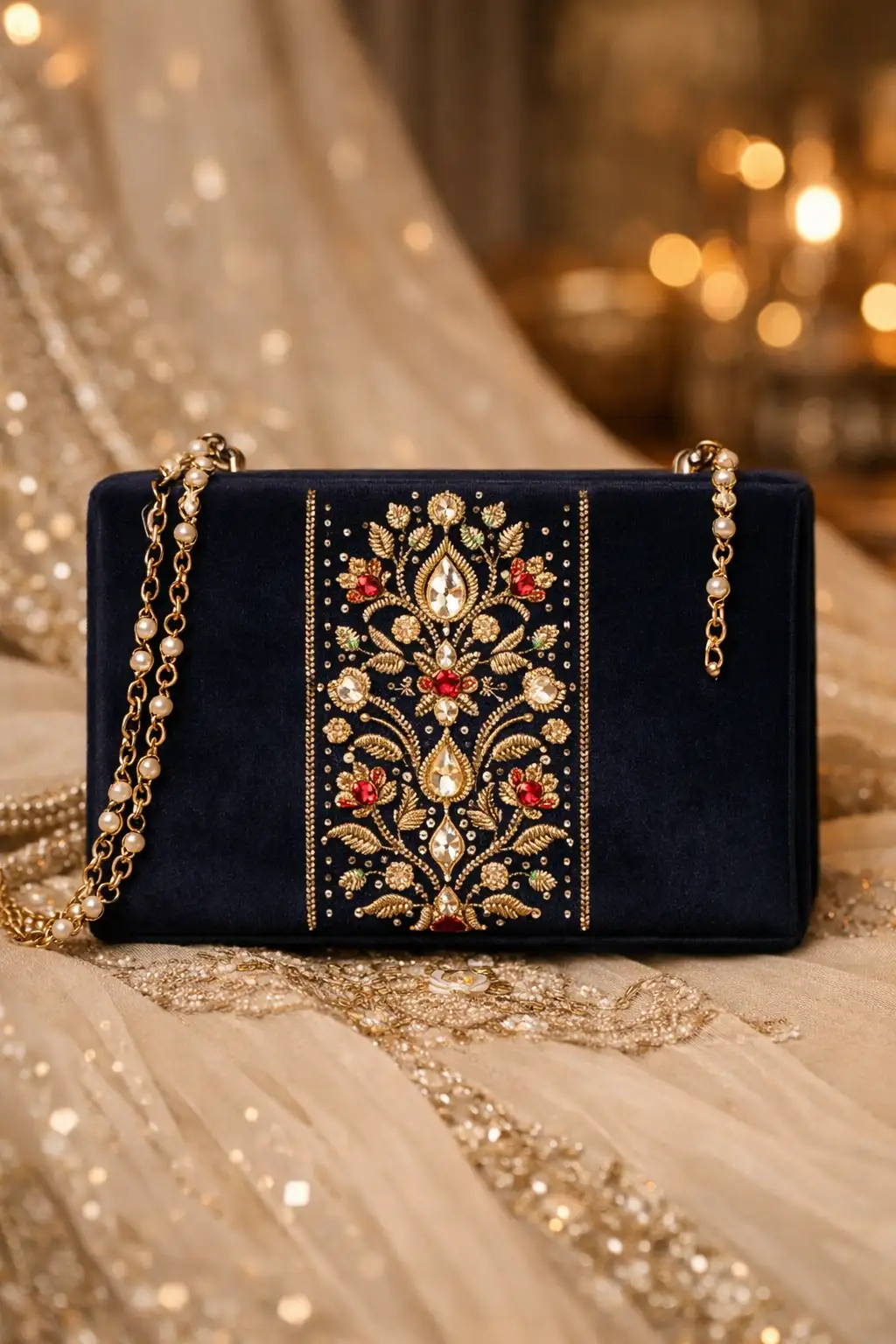 Midnight blue embroidered bridal box clutch with gold threadwork and jeweled chain luxury wedding purse