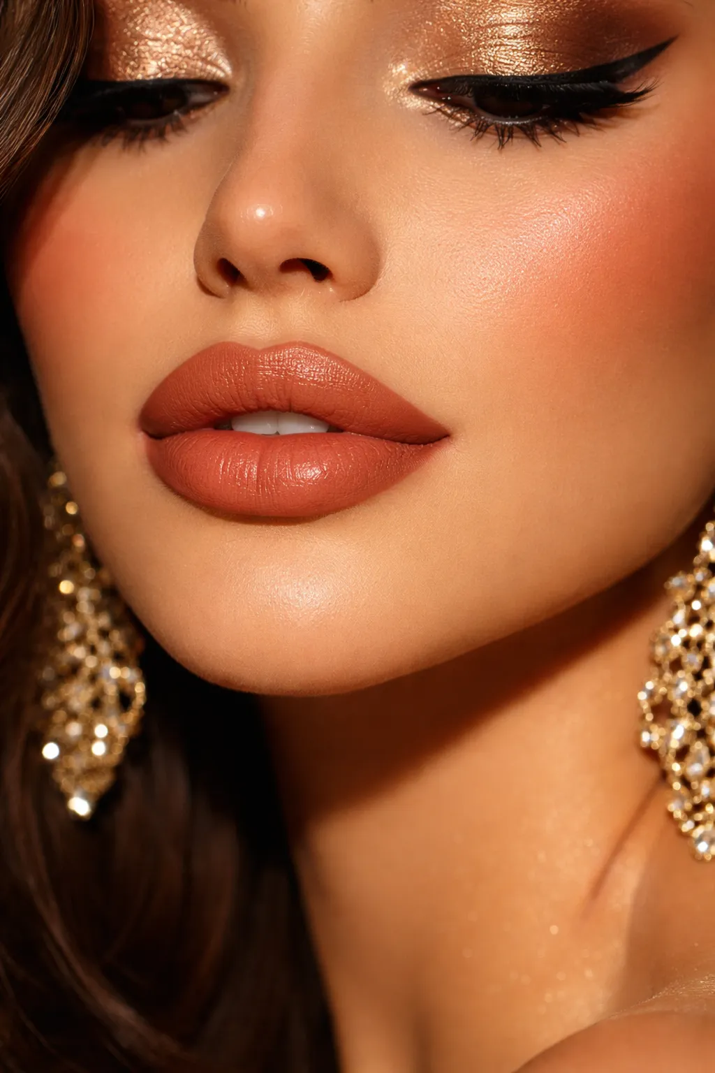burnt terracotta nude lipstick warm brown orange matte glam lips