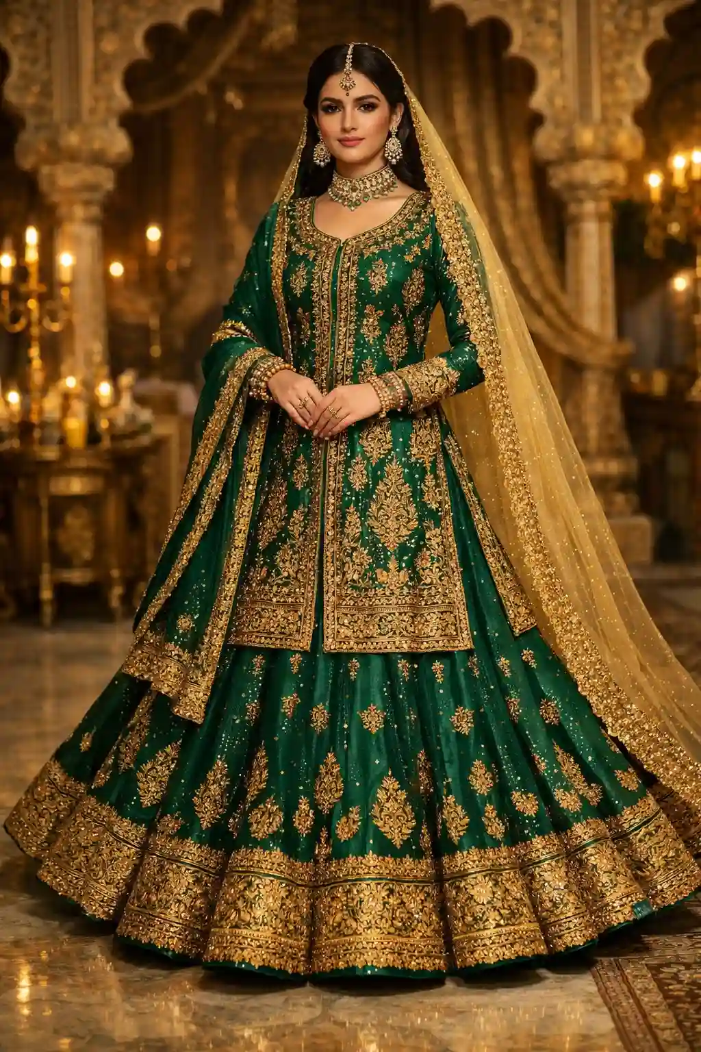 emerald green Pakistani bridal lehenga antique gold embroidery traditional royal wedding dress