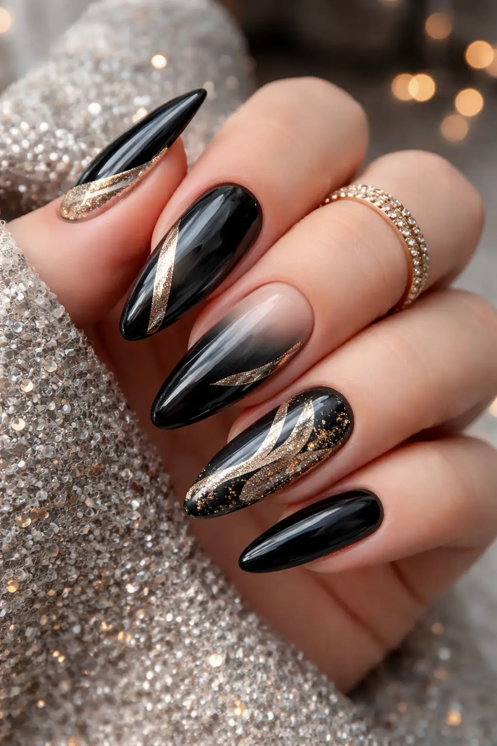 black ombre gel nails gold glitter swirl almond glam manicure