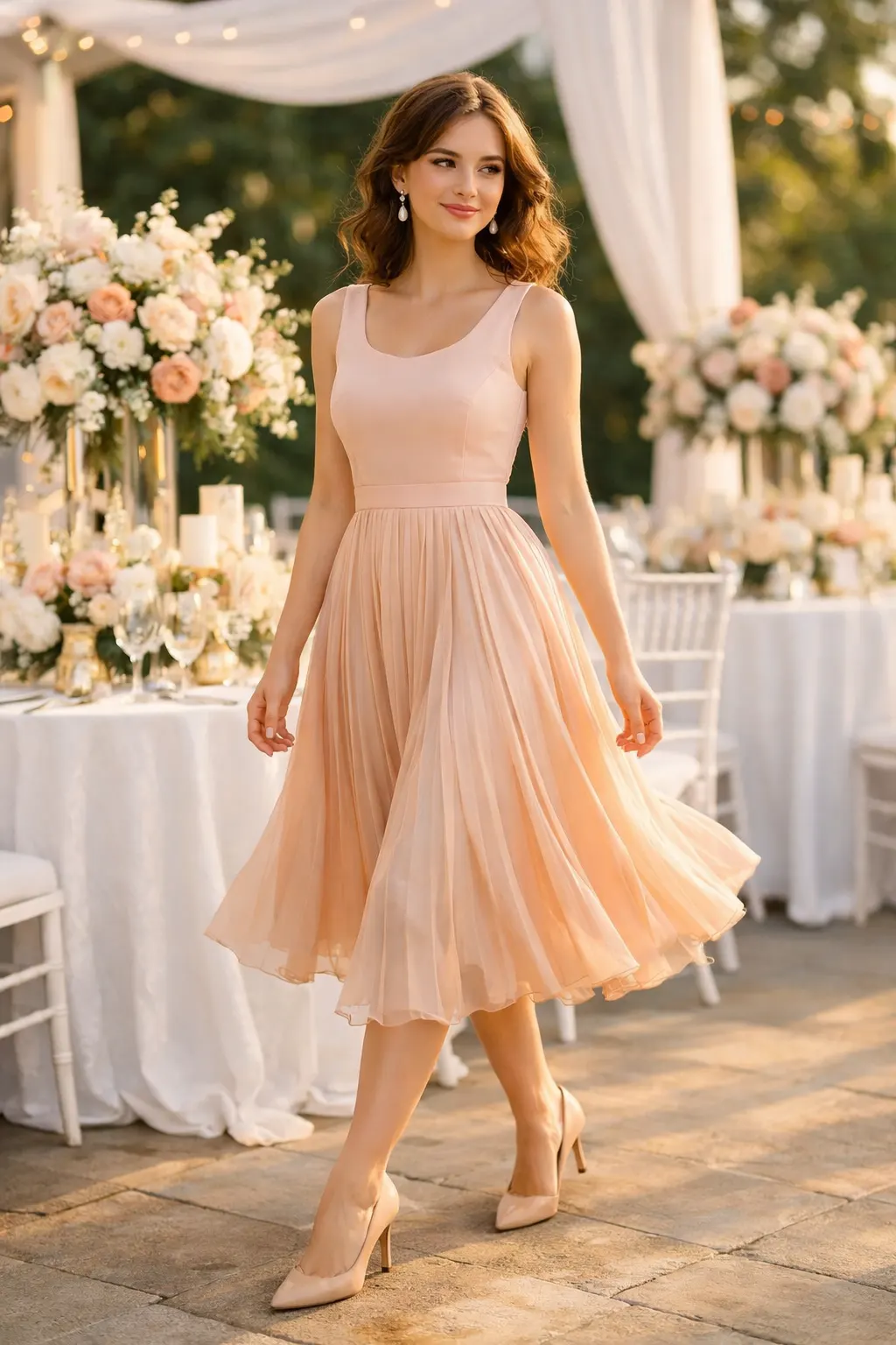 soft blush pleated chiffon dress walking gracefully at daytime wedding